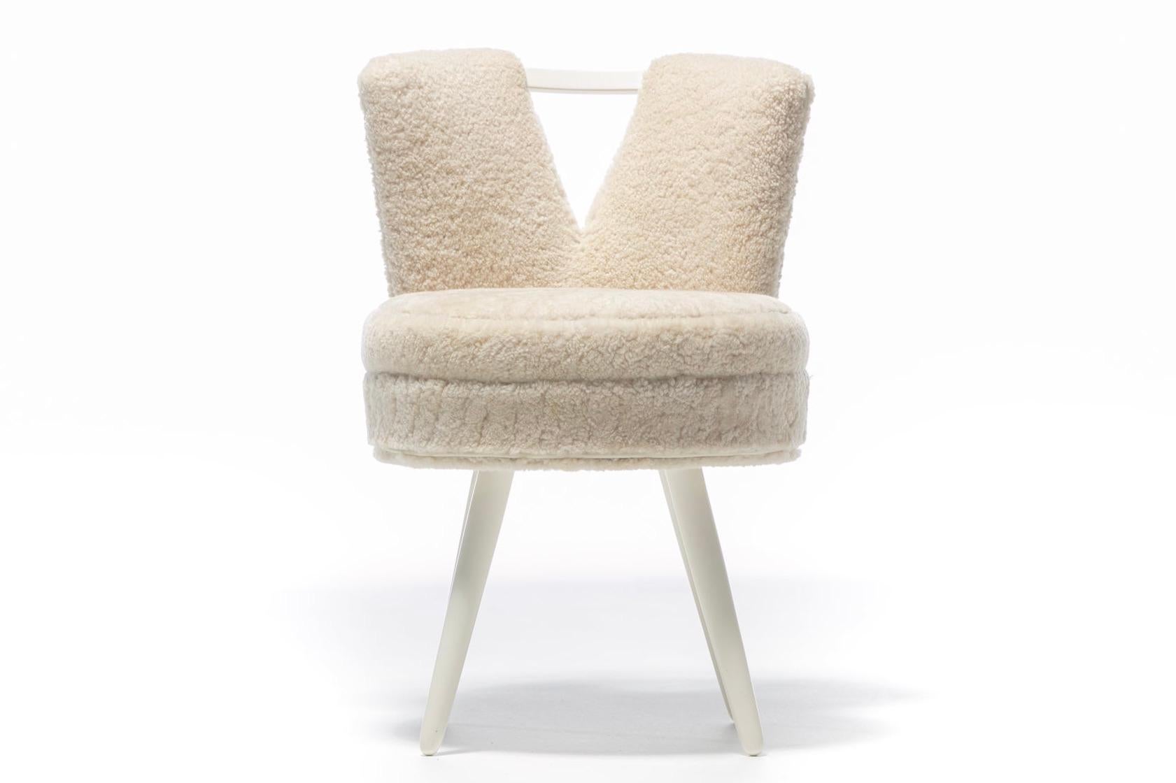 Hide Custom Vanity Stool in Ivory Cream Shearling with Leather Trim