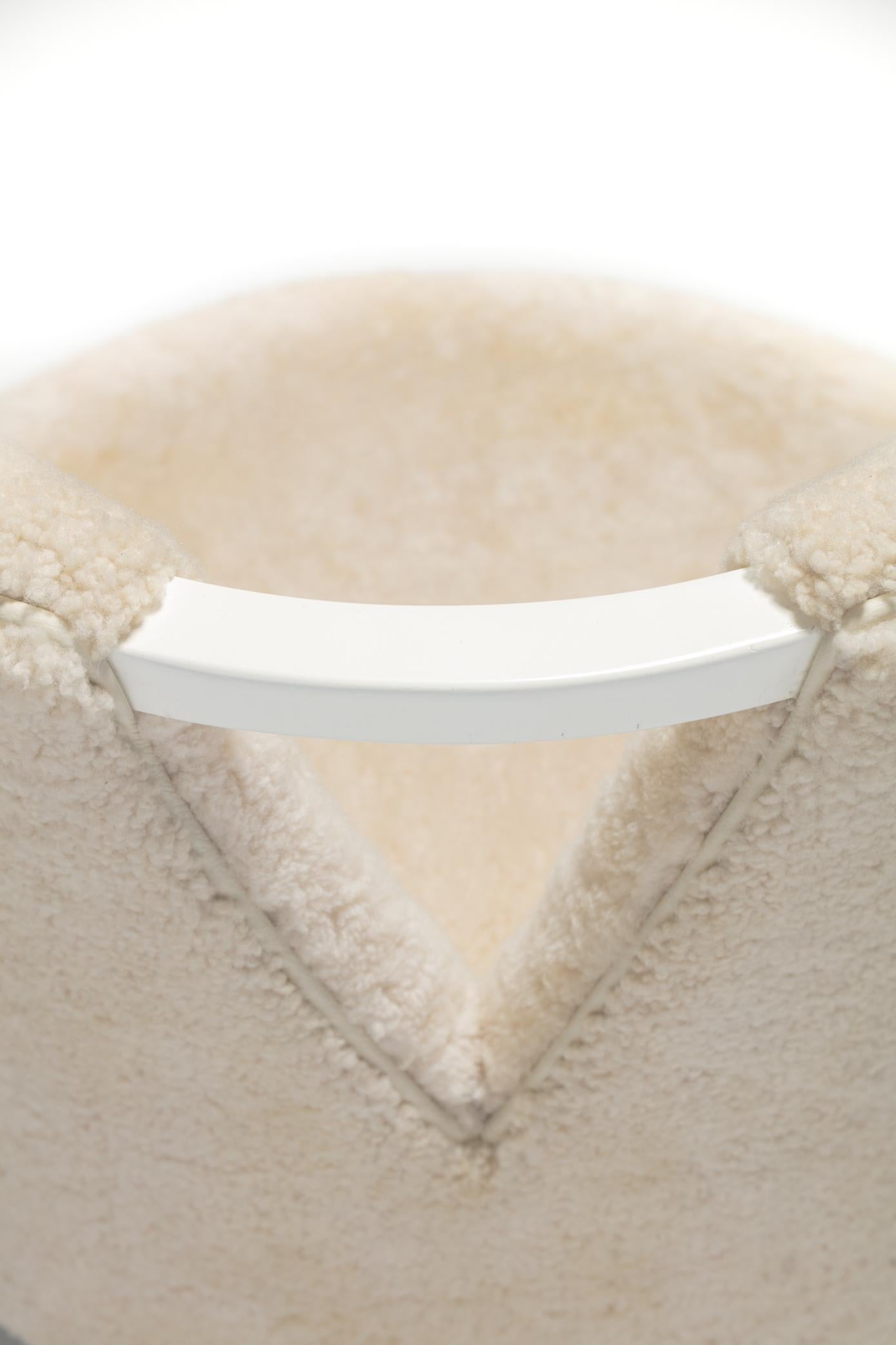Custom Vanity Stool in Ivory Cream Shearling with Leather Trim 4