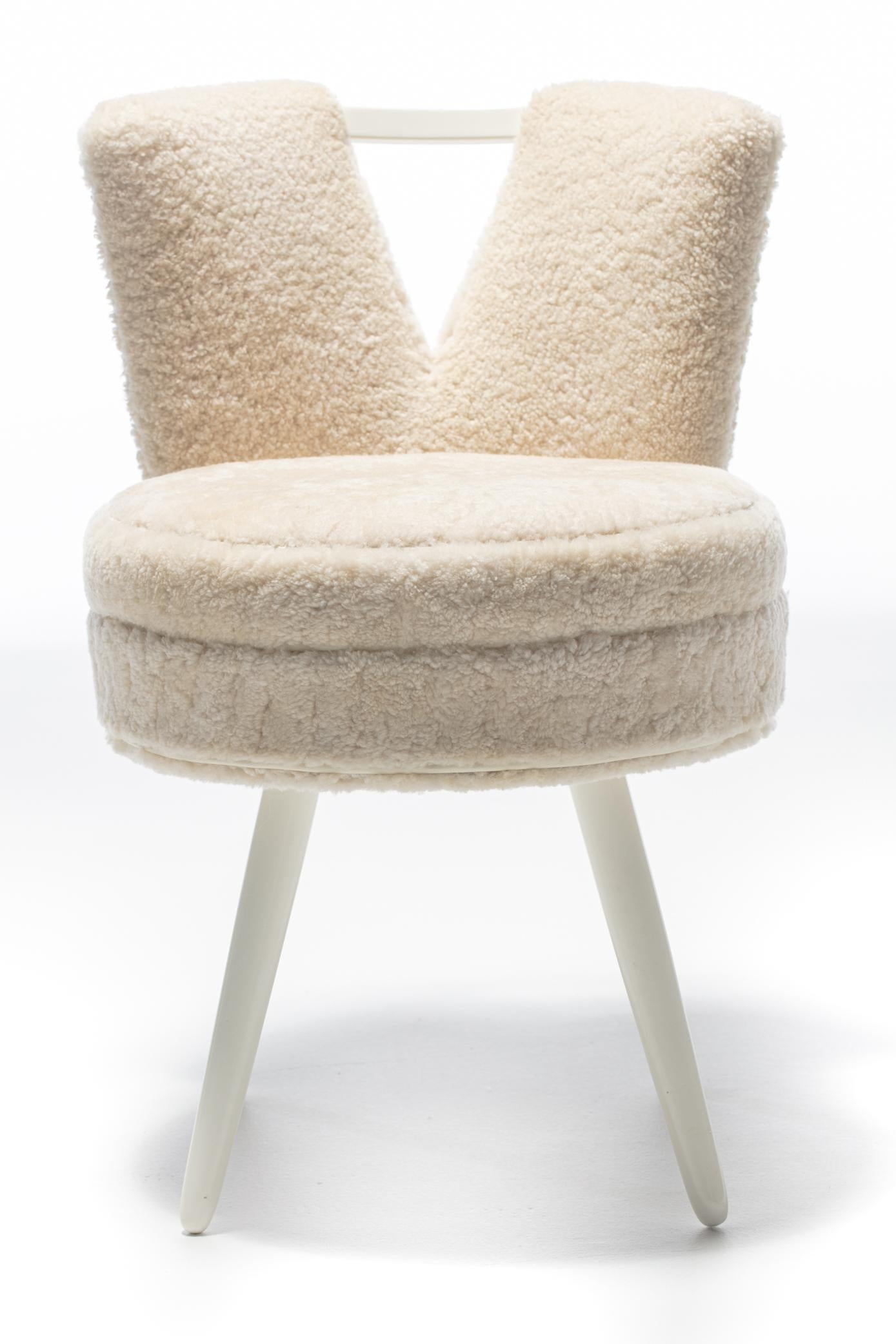 Custom Vanity Stool in Ivory Cream Shearling with Leather Trim 6