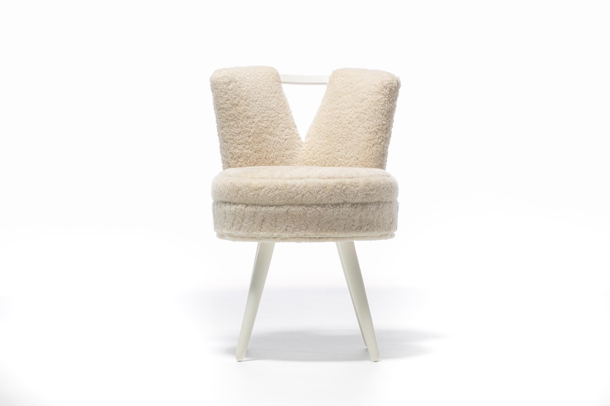 Custom Vanity Stool in Ivory Cream Shearling with Leather Trim 7