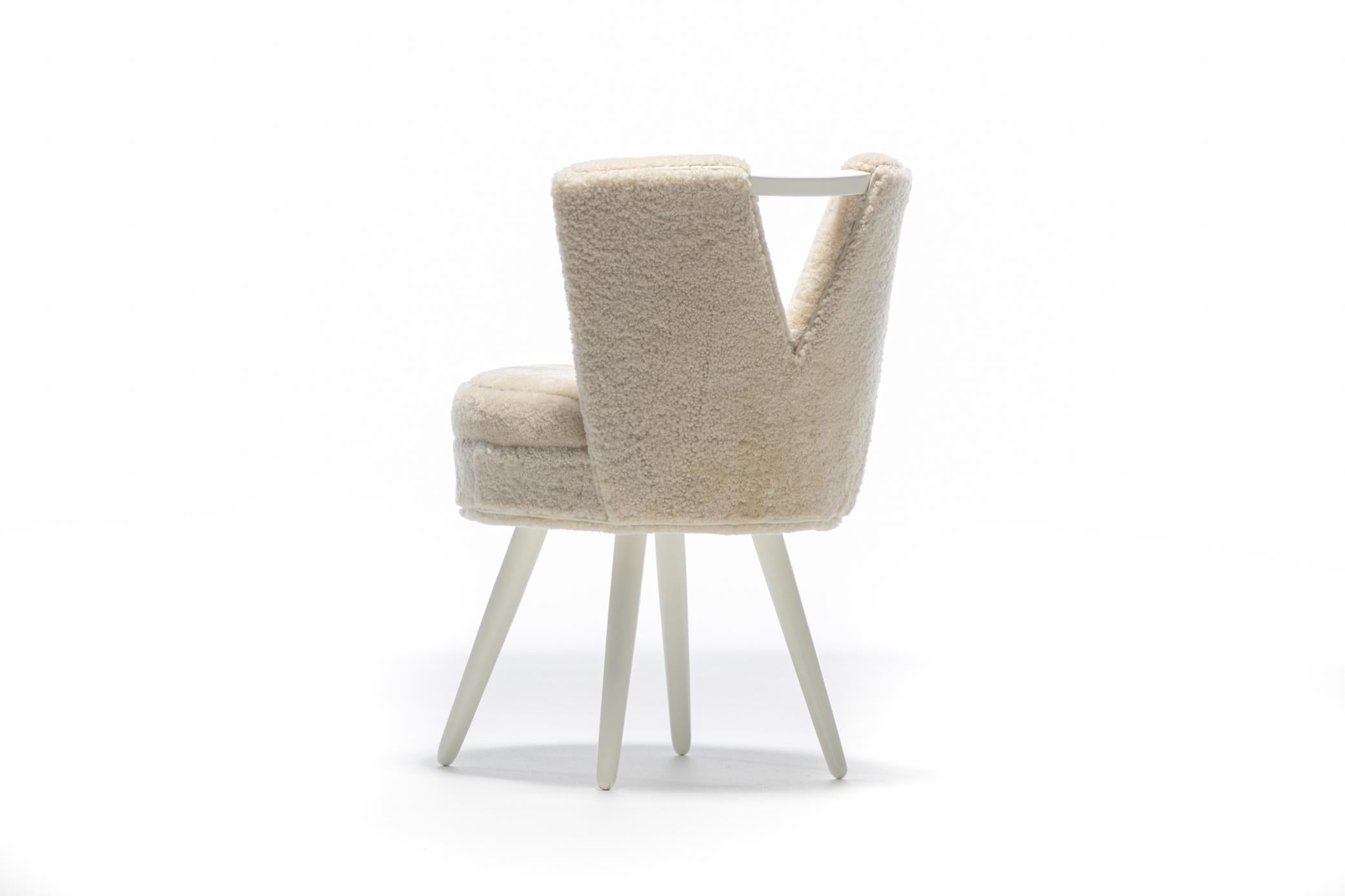 Contemporary Custom Vanity Stool in Ivory Cream Shearling with Leather Trim