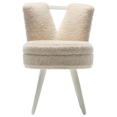 Custom Vanity Stool in Ivory Cream Shearling with Leather Trim