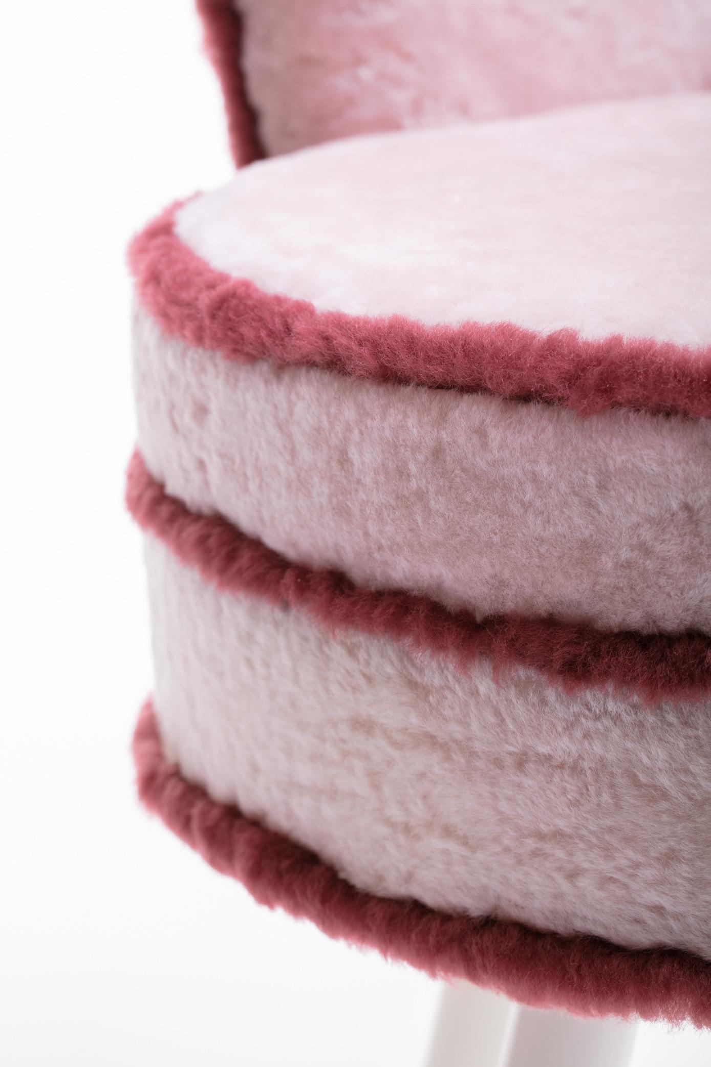 Custom Vanity Stool in Pink Shearling with Burgundy Trim For Sale 1