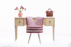 Custom Vanity Stool in Pink Shearling with Burgundy Trim