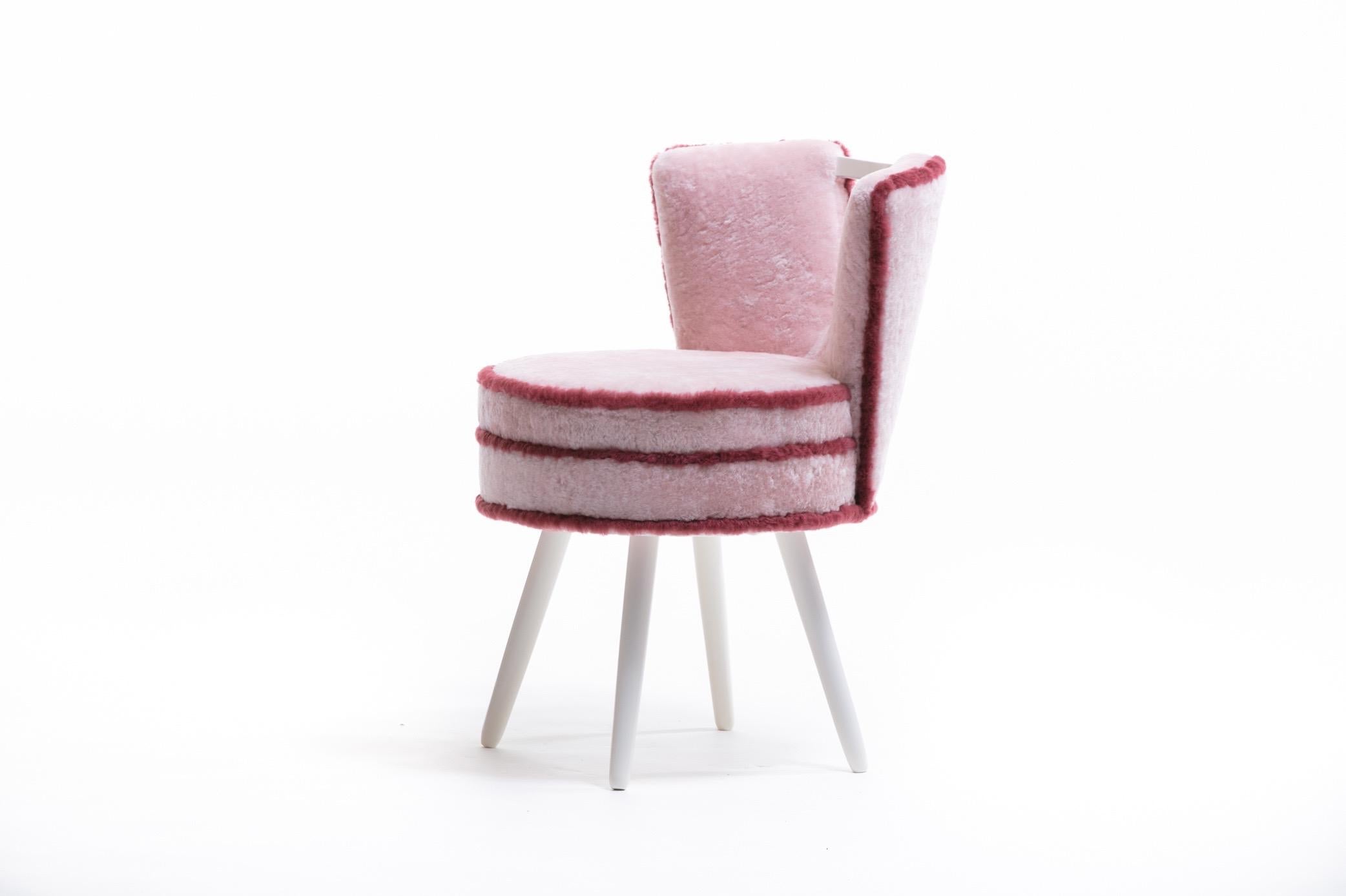 Contemporary Custom Vanity Stool in Pink Shearling with Burgundy Trim For Sale