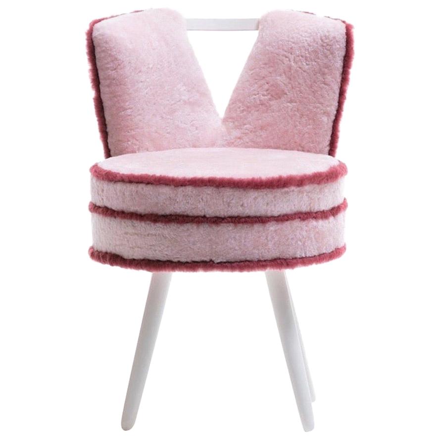 Custom Vanity Stool in Pink Shearling with Burgundy Trim For Sale