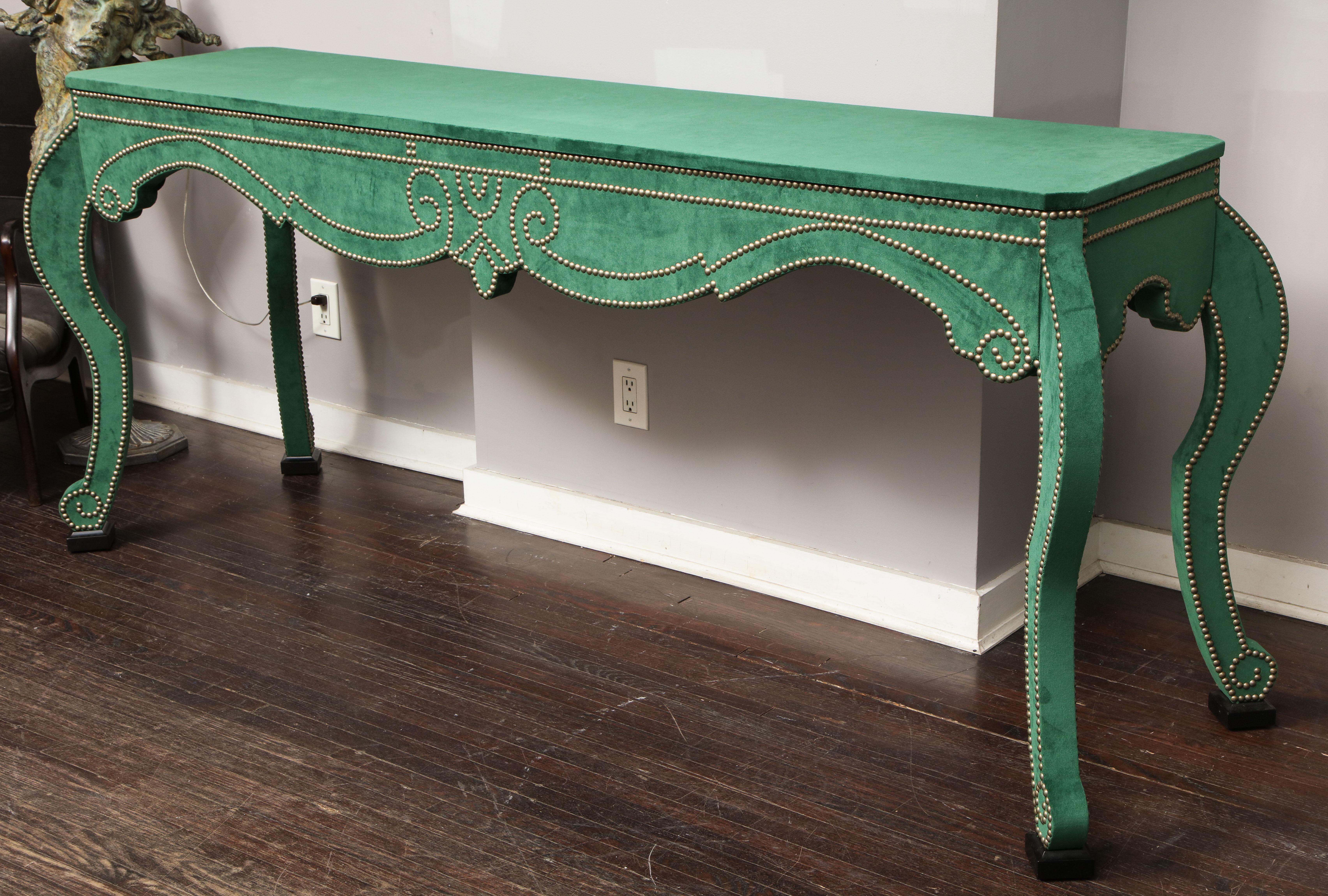 Velvet Console with Antique Brass Nailheads In New Condition In New York, NY