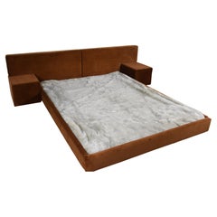Custom Velvet Upholstered Queen platform bed with side tables