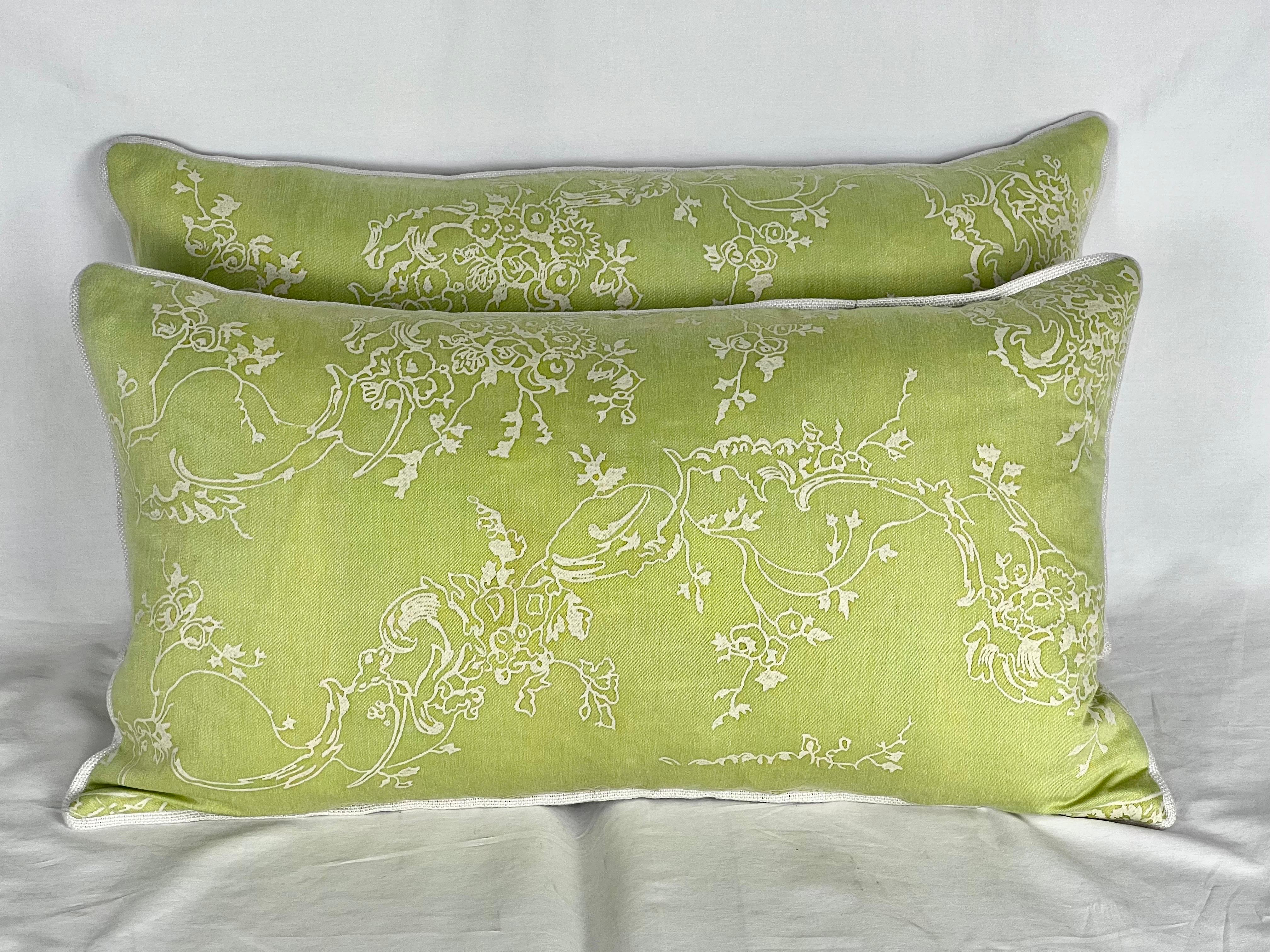 Pair of custom pillows made with remnants of early 20th century Venezianina patterned Fortuny in Sulphur green & antique white fronts. Textured Belgium linen backs. Down inserts, zipper closures.
