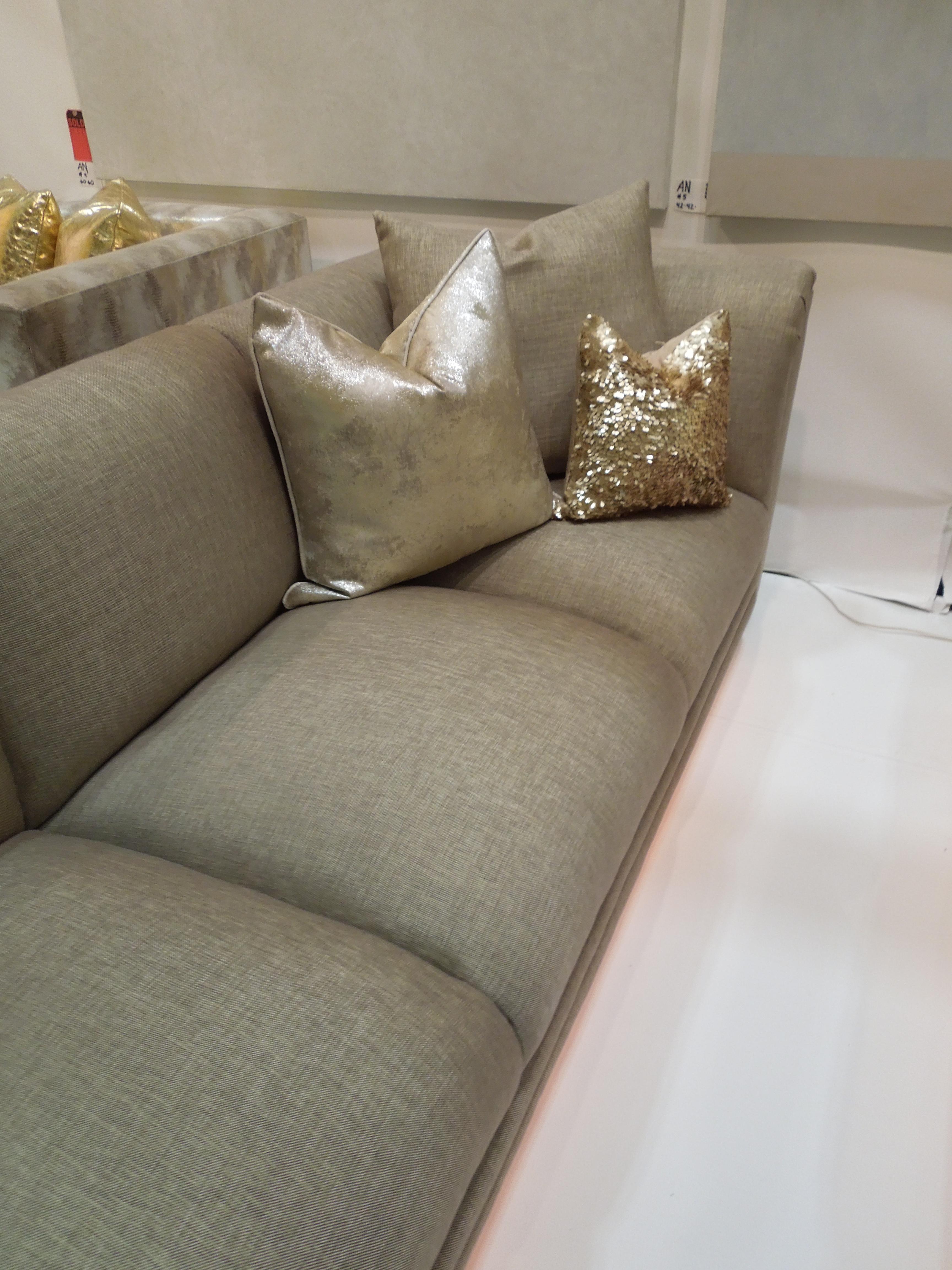Pair of Taupe Linen Modern Sofas from Steve Chase Residence, Illuminated! For Sale 5