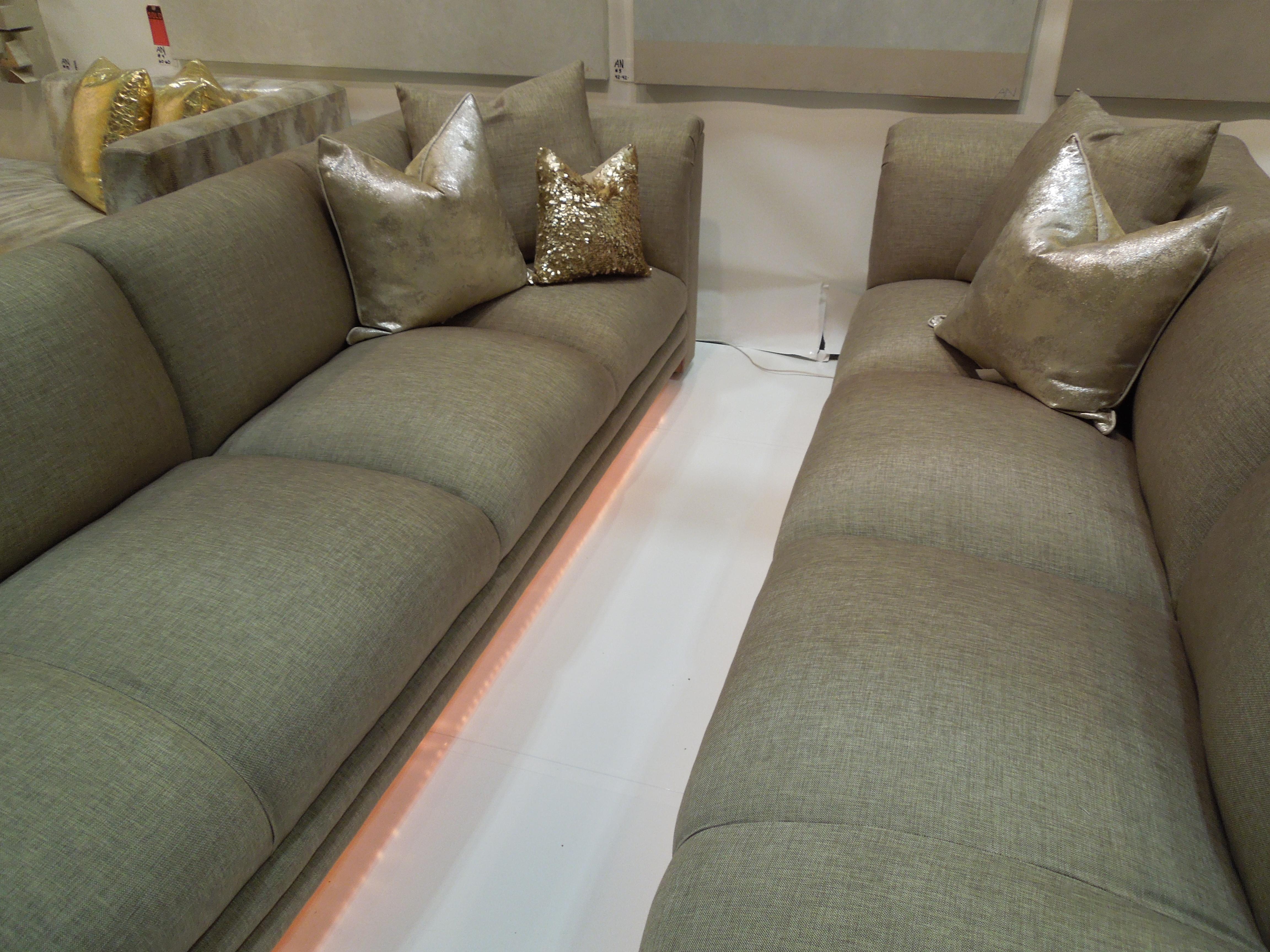 Pair of Taupe Linen Modern Sofas from Steve Chase Residence, Illuminated! For Sale 6