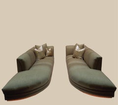 Pair of Taupe Linen Modern Sofas from a Steve Chase Residence Illuminated Bottom