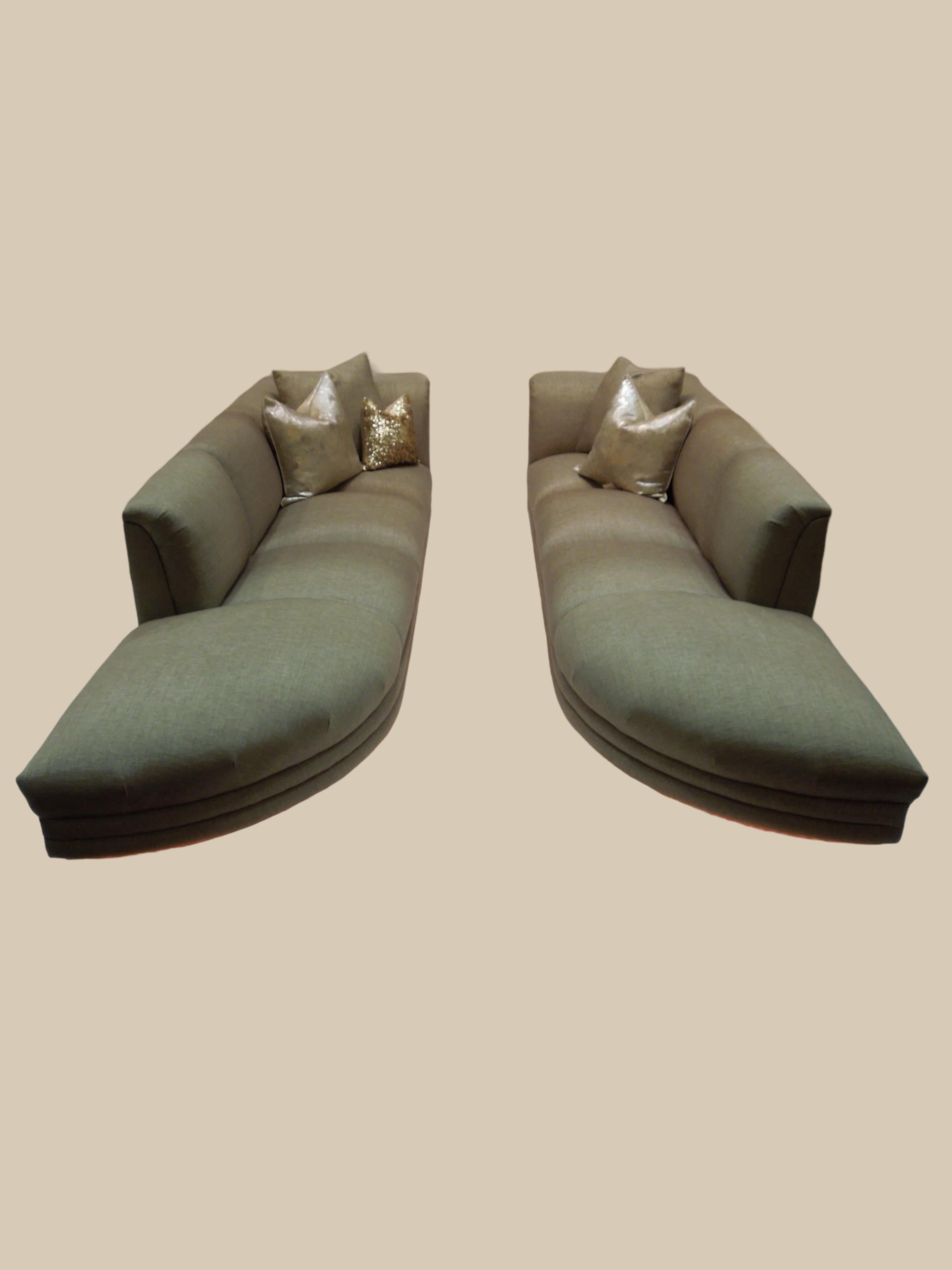 Hand-Crafted Pair of Taupe Linen Modern Sofas from Steve Chase Residence, Illuminated! For Sale