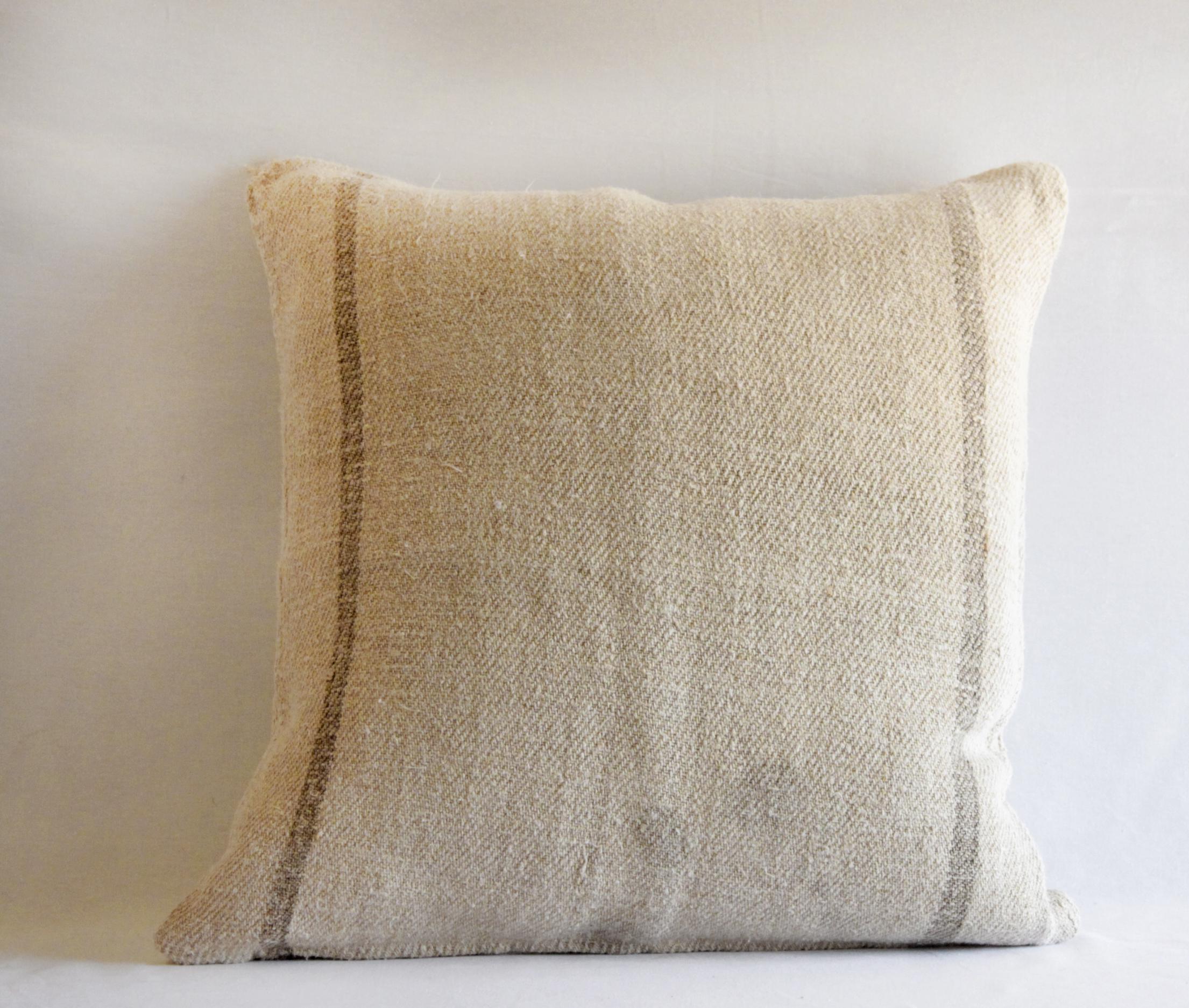 Rustic Custom Vintage Grain Sack Pillow with Brown Stripes