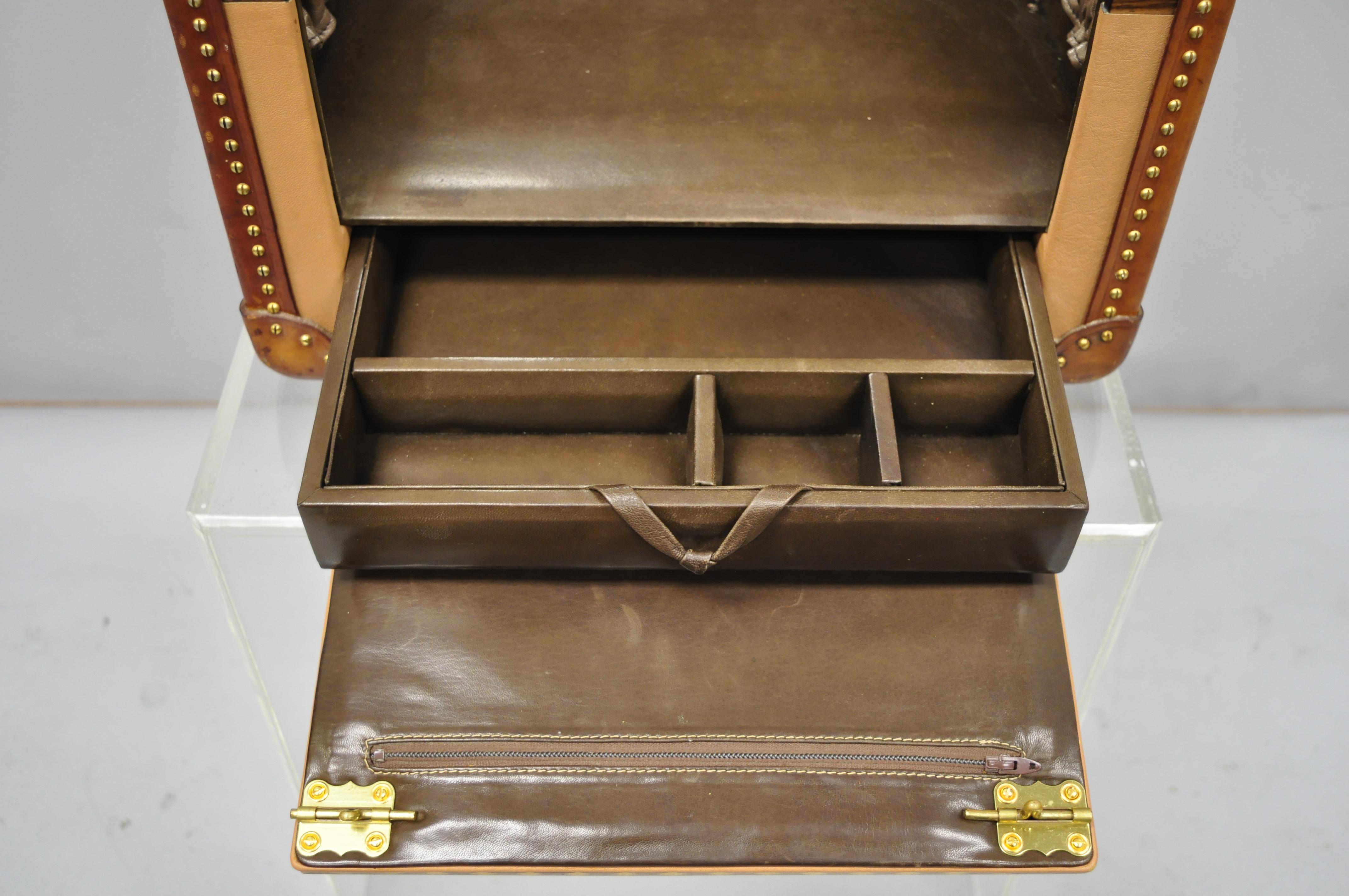 Brass Custom Vintage Italian Leather Toiletry Box Case Travel Trunk Nailhead Trim For Sale