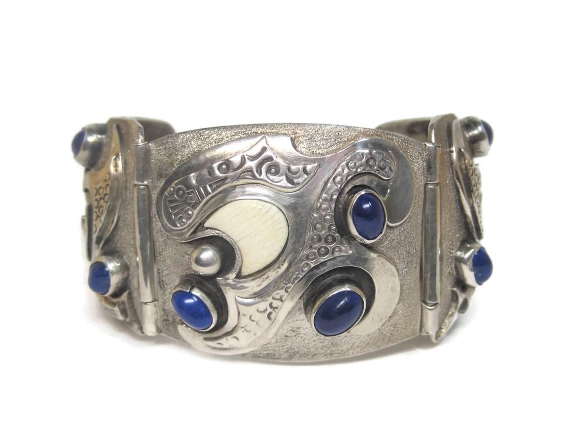 Custom Vintage Ivory Lapis Bracelet Sterling For Sale 1