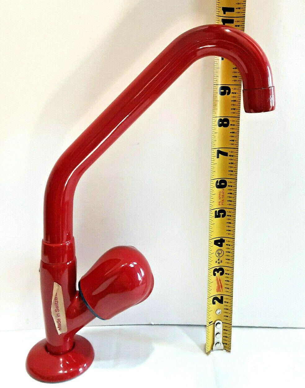 Custom vintage lipstick red curved tap faucet by KWC Switzerland, single-handle. Rare, custom piece from the iconic Swiss manufacturer. Gorgeous red powder coat. Single spherical handle. Includes hardware pictured. Never installed. Display piece.