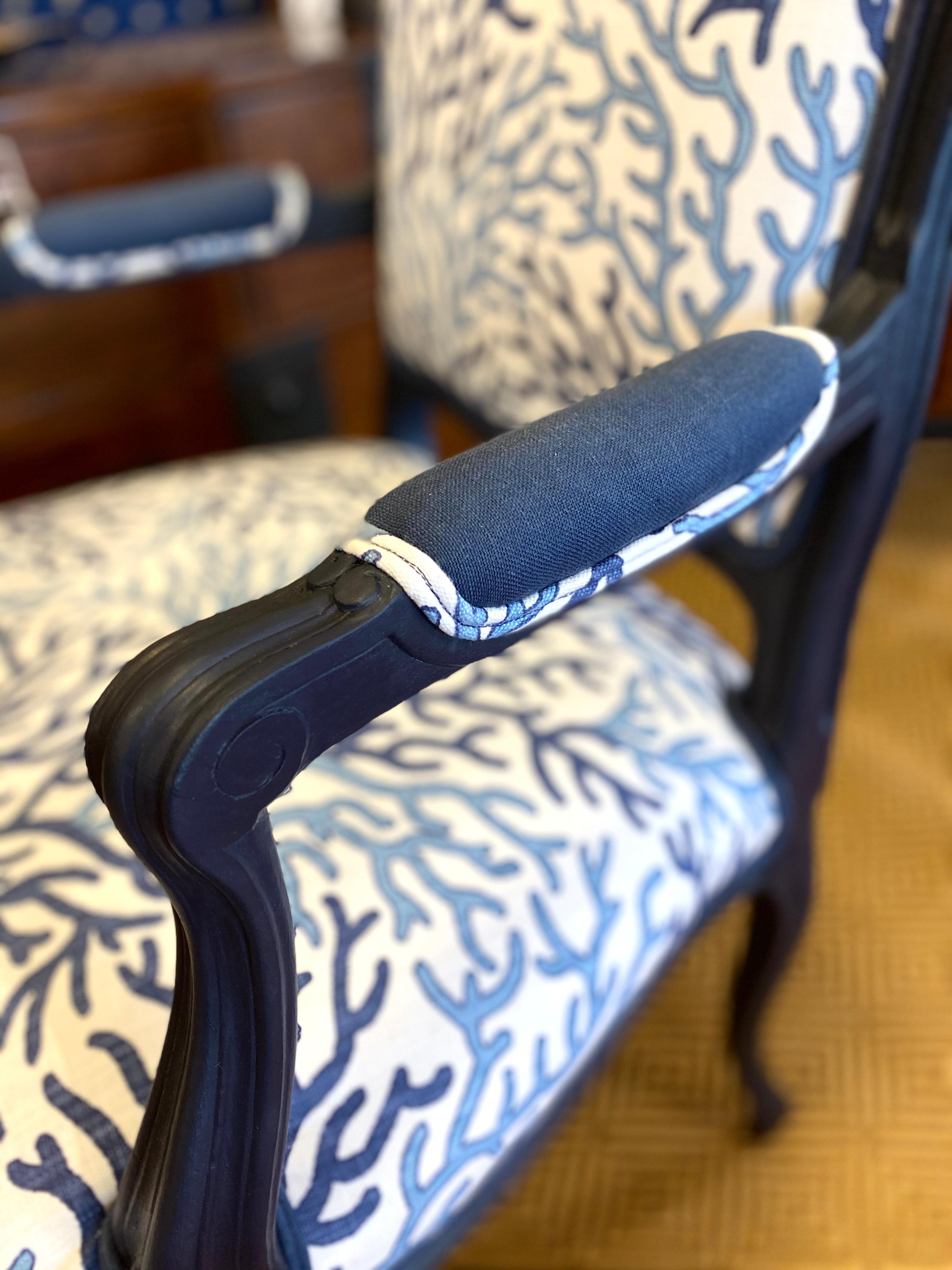 Custom Vintage Louis XV Bergère Chair Blue Coral In Good Condition In Bridgehampton, NY