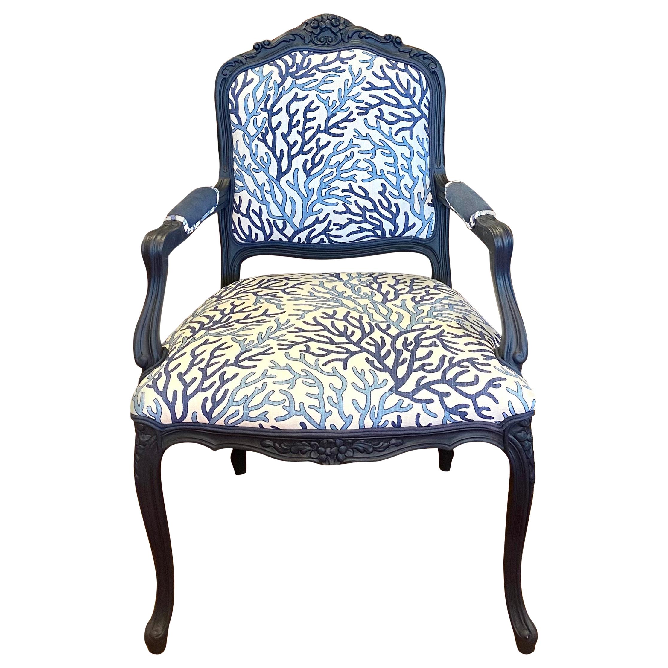 Custom Vintage Louis XV Bergère Chair Blue Coral
