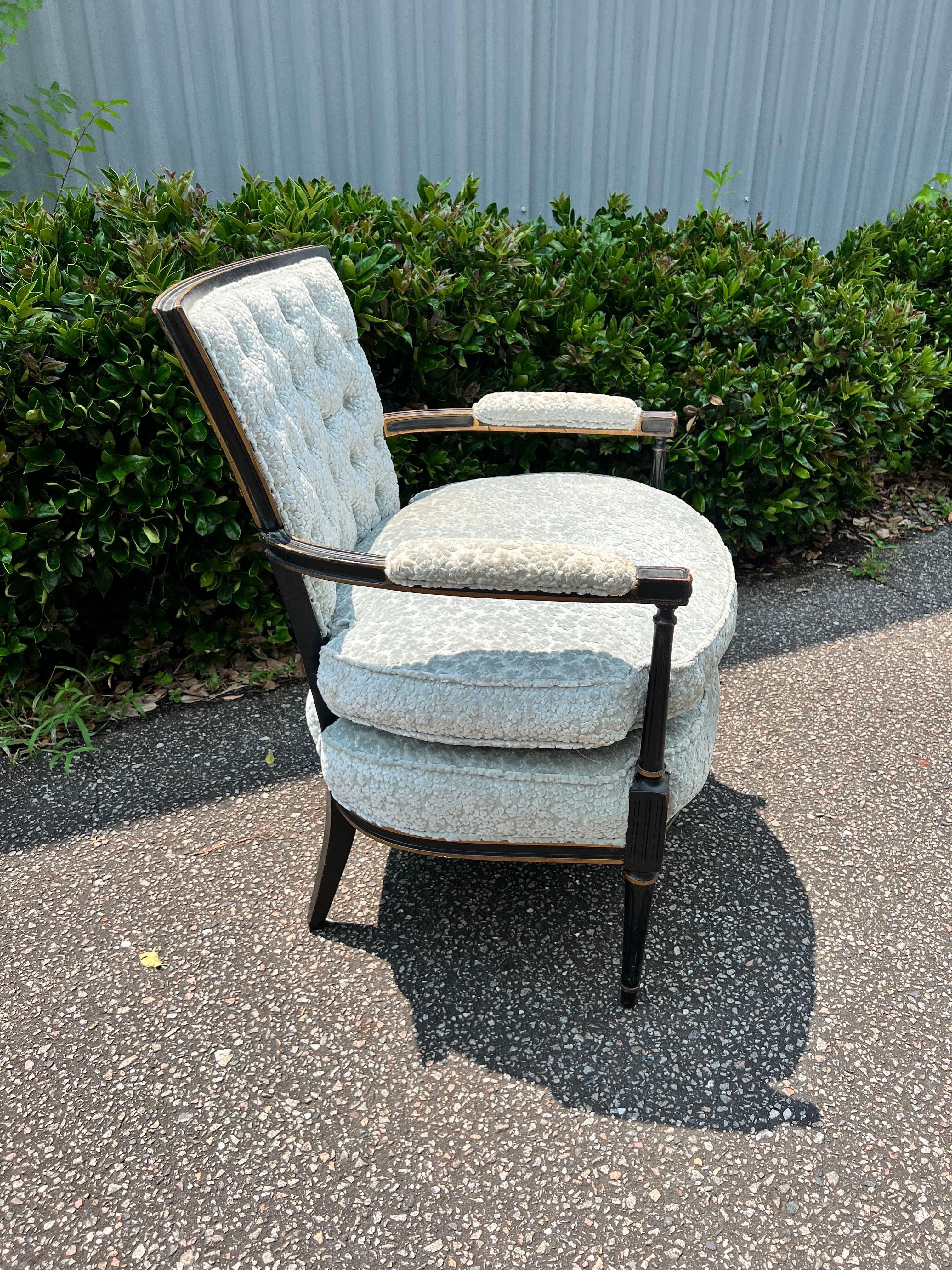 Custom Vintage Louis XVI Blue raised Velvet Floral Bergere Armchair In Good Condition For Sale In Charleston, SC