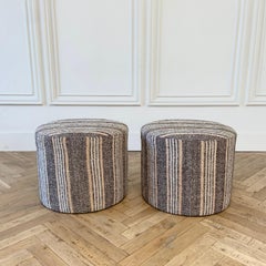 Custom Vintage Turkish Rug Round Ottomans in Brown and Pinks
