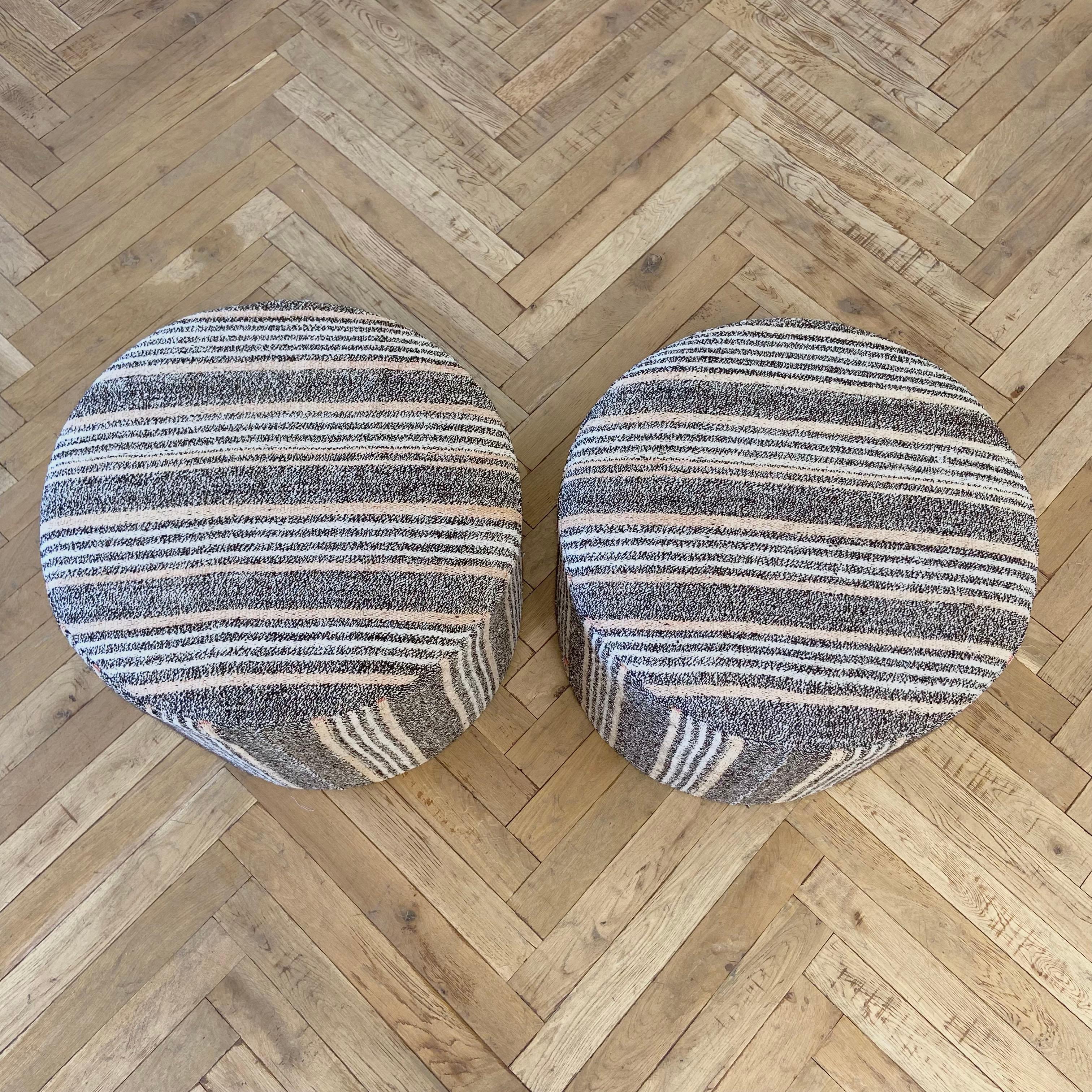 Minimalist Custom Vintage Turkish Rug Round Ottomans in Brown and Pinks