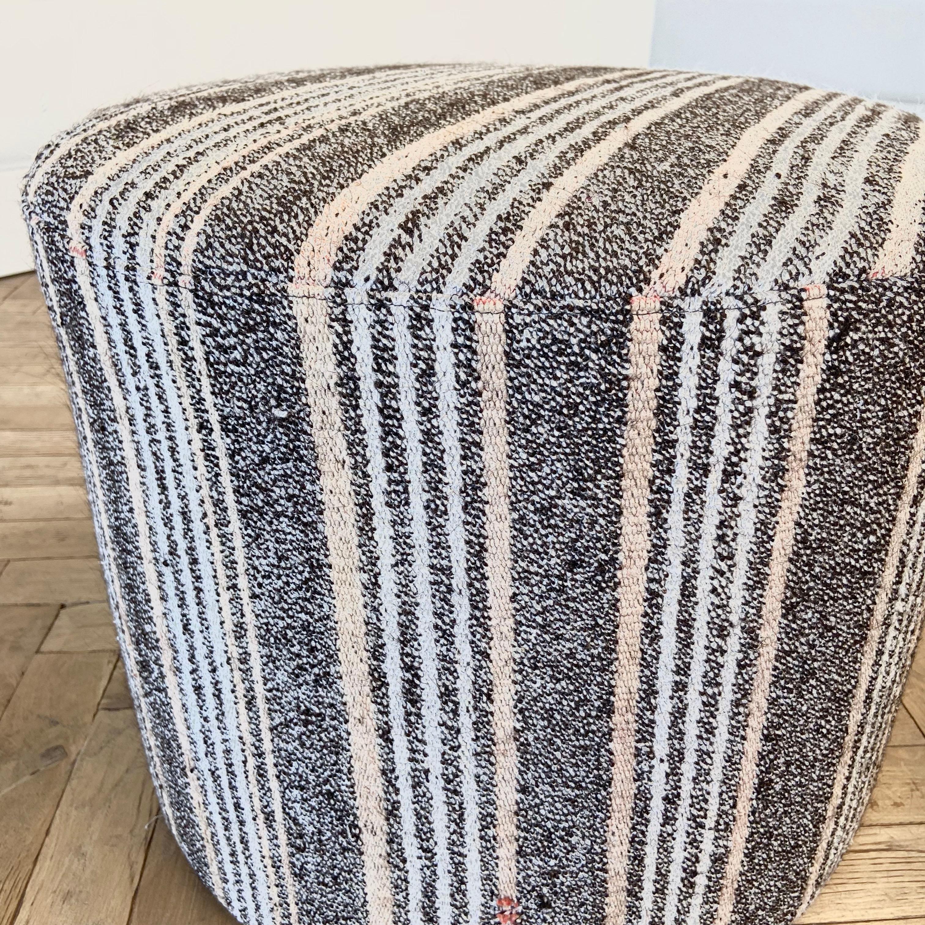 North American Custom Vintage Turkish Rug Round Ottomans in Brown and Pinks