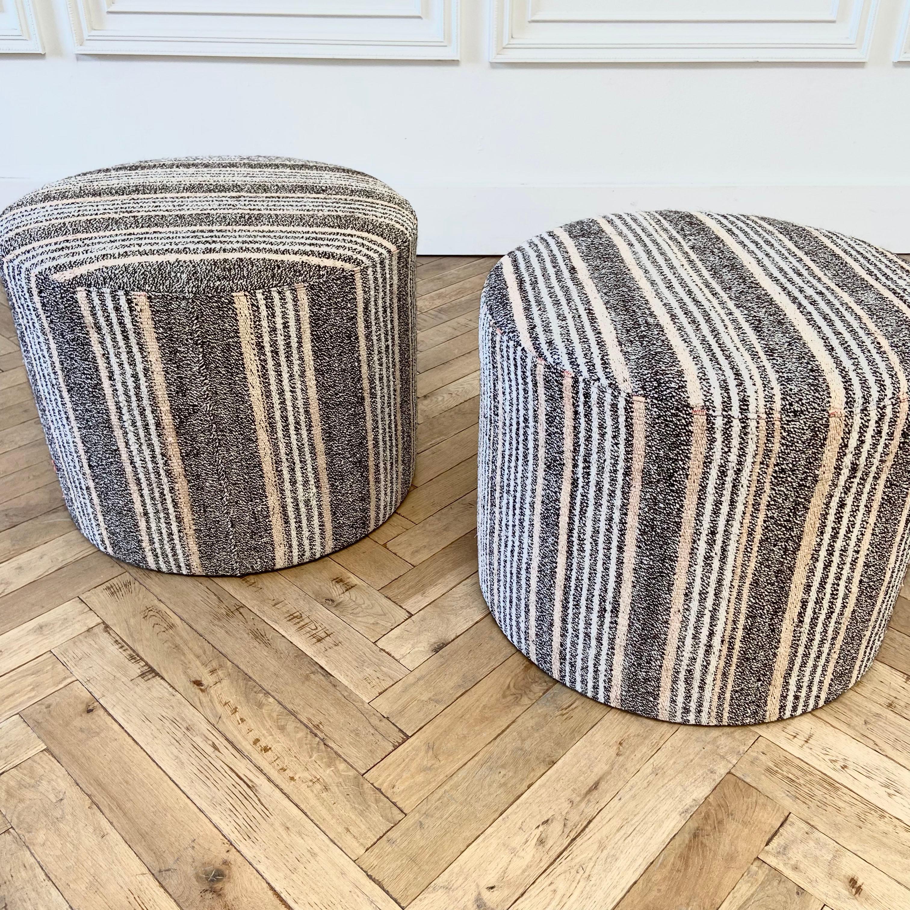 Custom Vintage Turkish Rug Round Ottomans in Brown and Pinks In Excellent Condition In Old Town Orange, CA