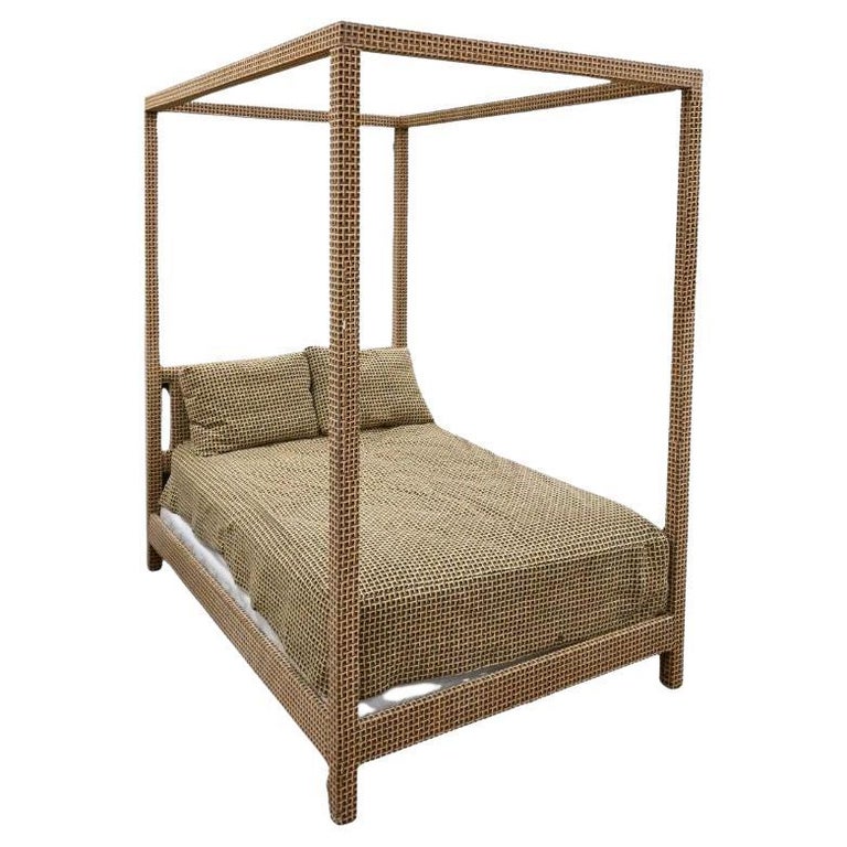 Custom Vintage Upholstered Milo Baughman Style Parsons Canopy Bed For