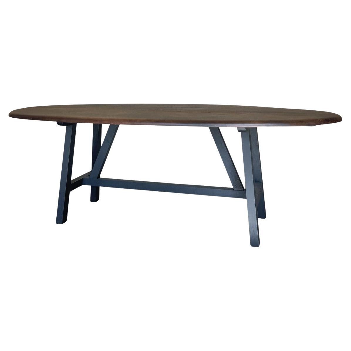 Custom walnut 2 plank top oval dining table Model LUSI dark finish