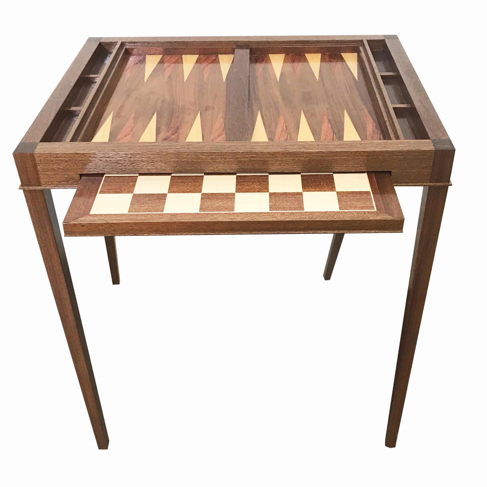Sold. New listing is being posted. Custom walnut Backgammon table that converts to chess with a slide out board. 

New production. Made to order in walnut or mahogany. Designed and made in NYC-- each table is handcrafted within NYC and has unique