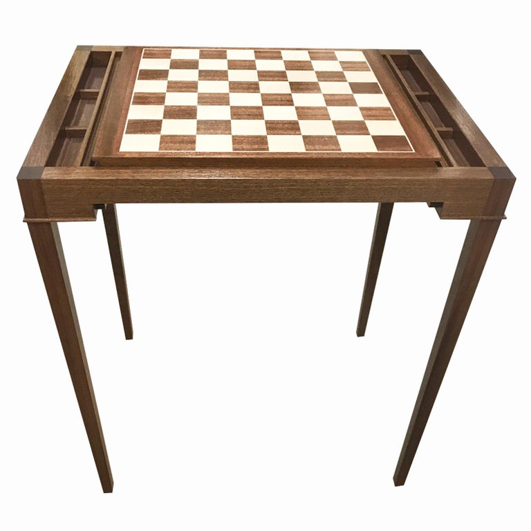 Sale one week only.  Custom walnut backgammon table that converts to chess with a slide out board. Can be made in your preferred size and color.

New production. Made to order in walnut or mahogany. Designed and made in NYC, each table is