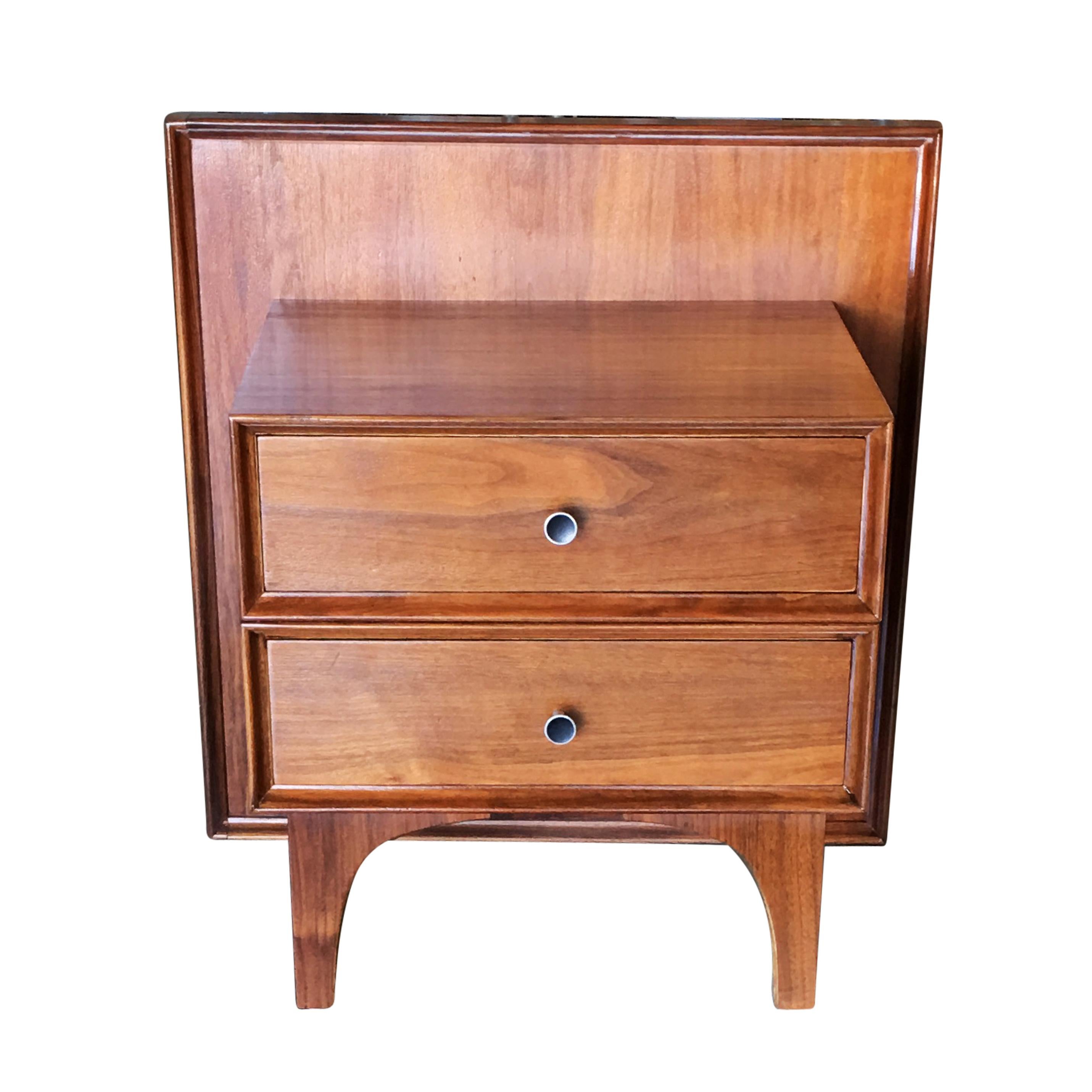 Custom Mid Century Modern nightstand designed and made by Glenn of California in walnut. Includes a two-drawer dresser with a large wood back plate for wall installation.