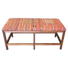 Custom Walnut Bench Newly Upholstered in Vintage Turkish Textile