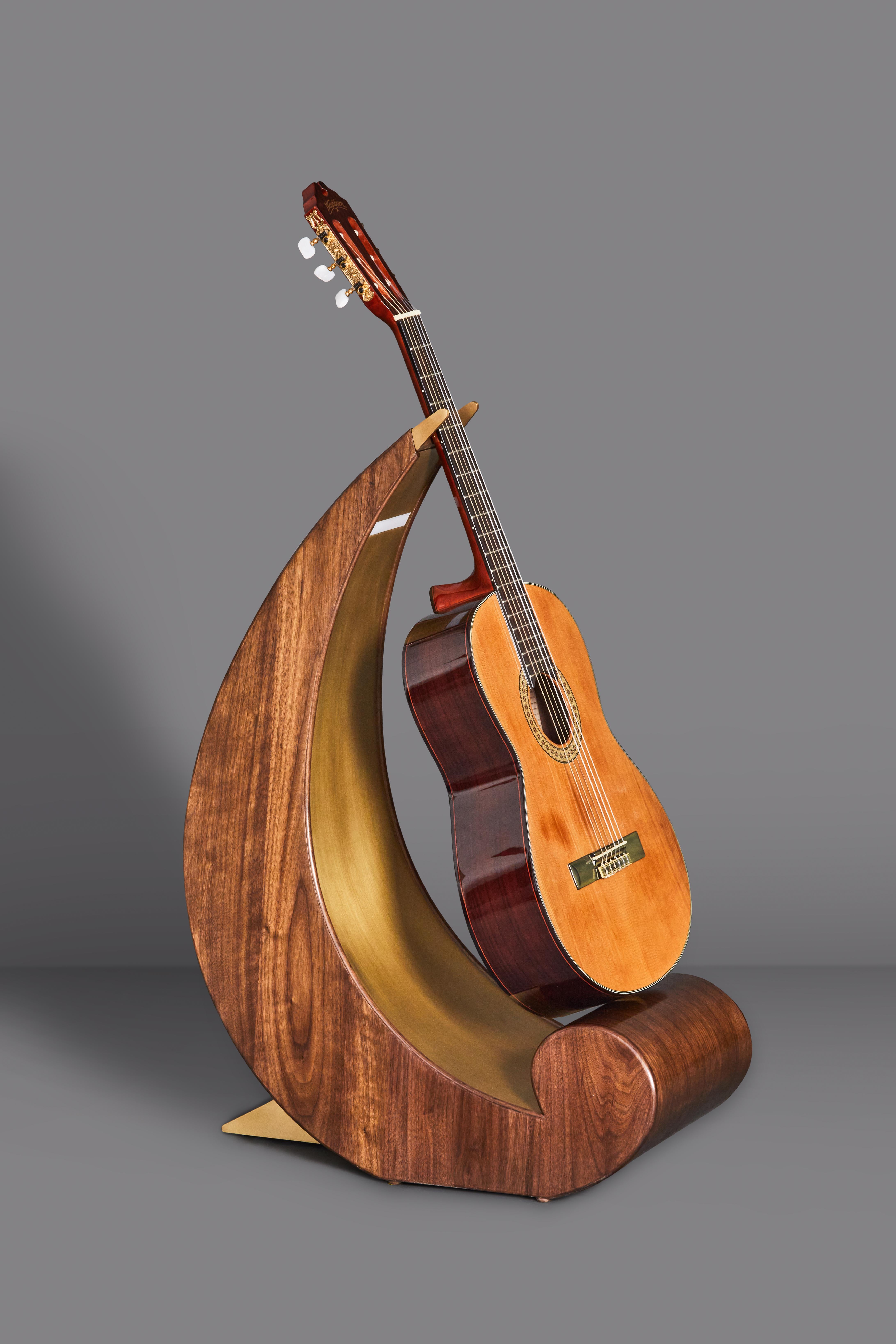 Modern Custom Walnut & Brass Guitar Stand With Lighting