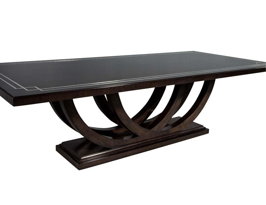 Nickel Custom Walnut Dining Table with Polished Metal Inlay Details and Curved Base For Sale