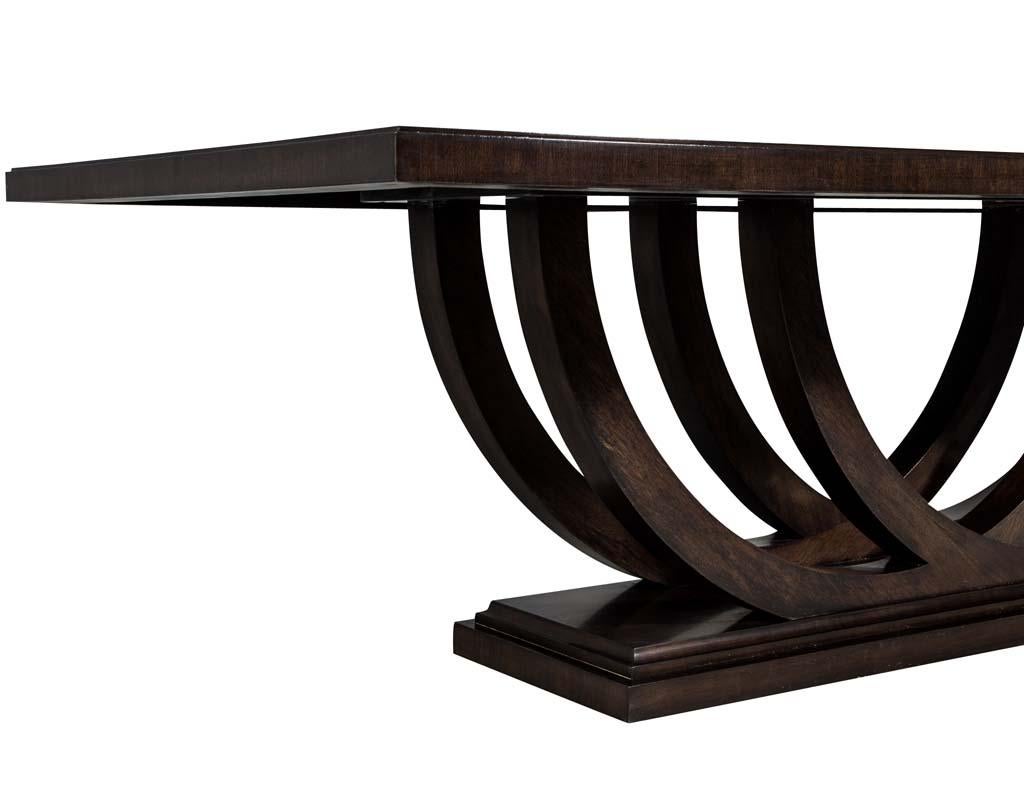 Contemporary Custom Walnut Dining Table with Polished Metal Inlay Details and Curved Base For Sale