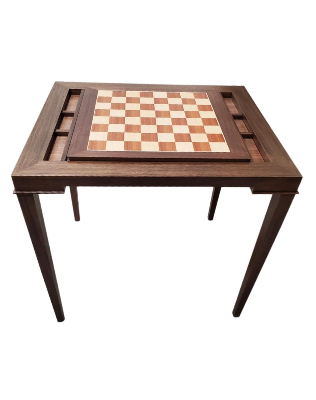 Marquetry Custom Walnut Game Table with Ebony Backgammon and Chess Table For Sale