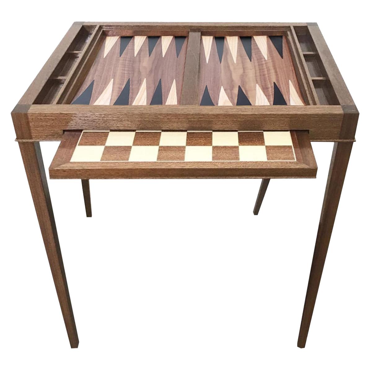 Individueller Spieltisch aus Nussbaumholz mit Backgammon und Schachtisch aus Ebenholz