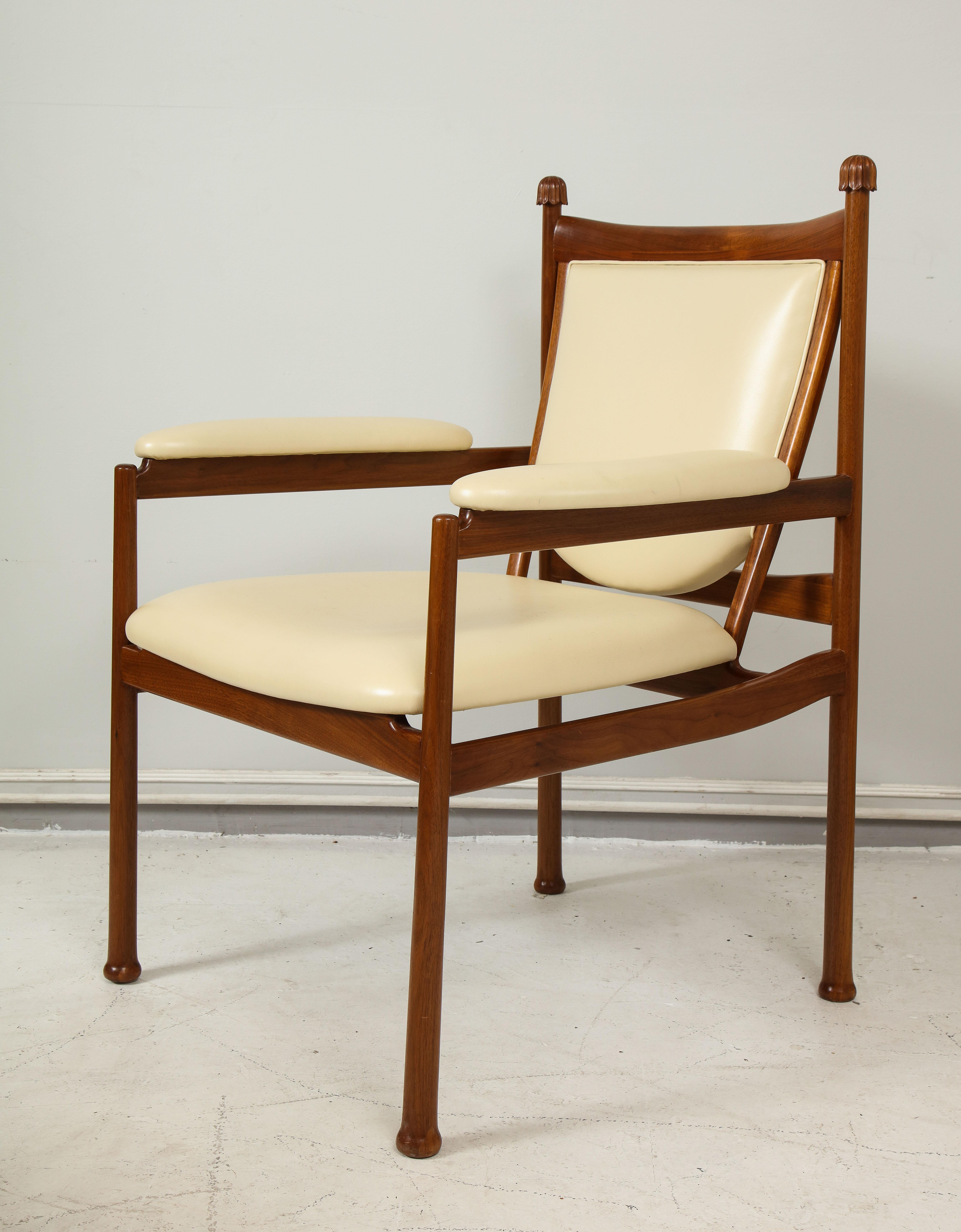 Custom walnut Marion armchair or lounge chair upholstered in cream leather.
Please note that this chair is customizable. Also note that for new orders - the price does not include upholstery - upholstery with COM is additional. Lead time is 8 to 10