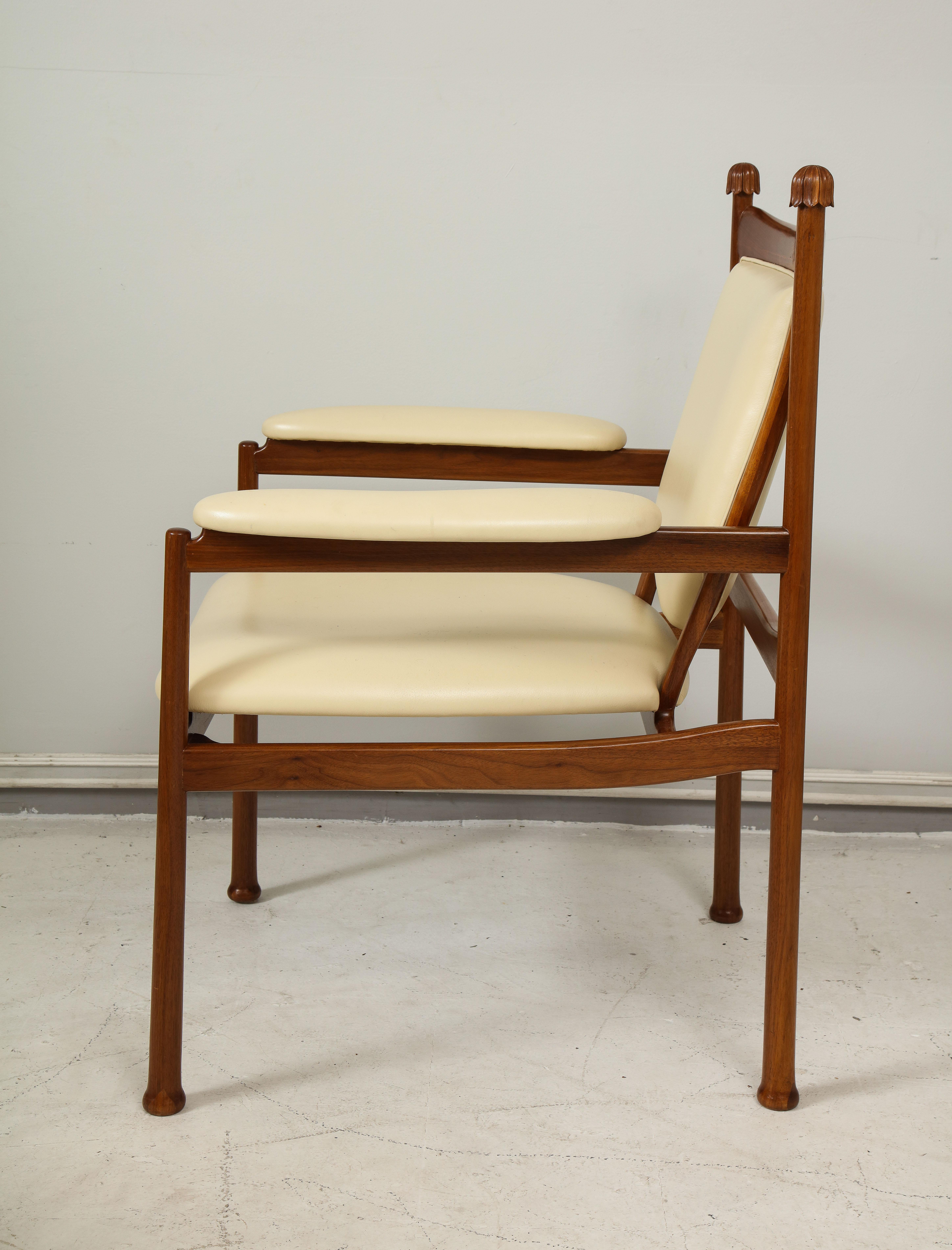 American Custom Walnut Marion Armchair/ Lounge Chair Upholstered in Cream Leather For Sale