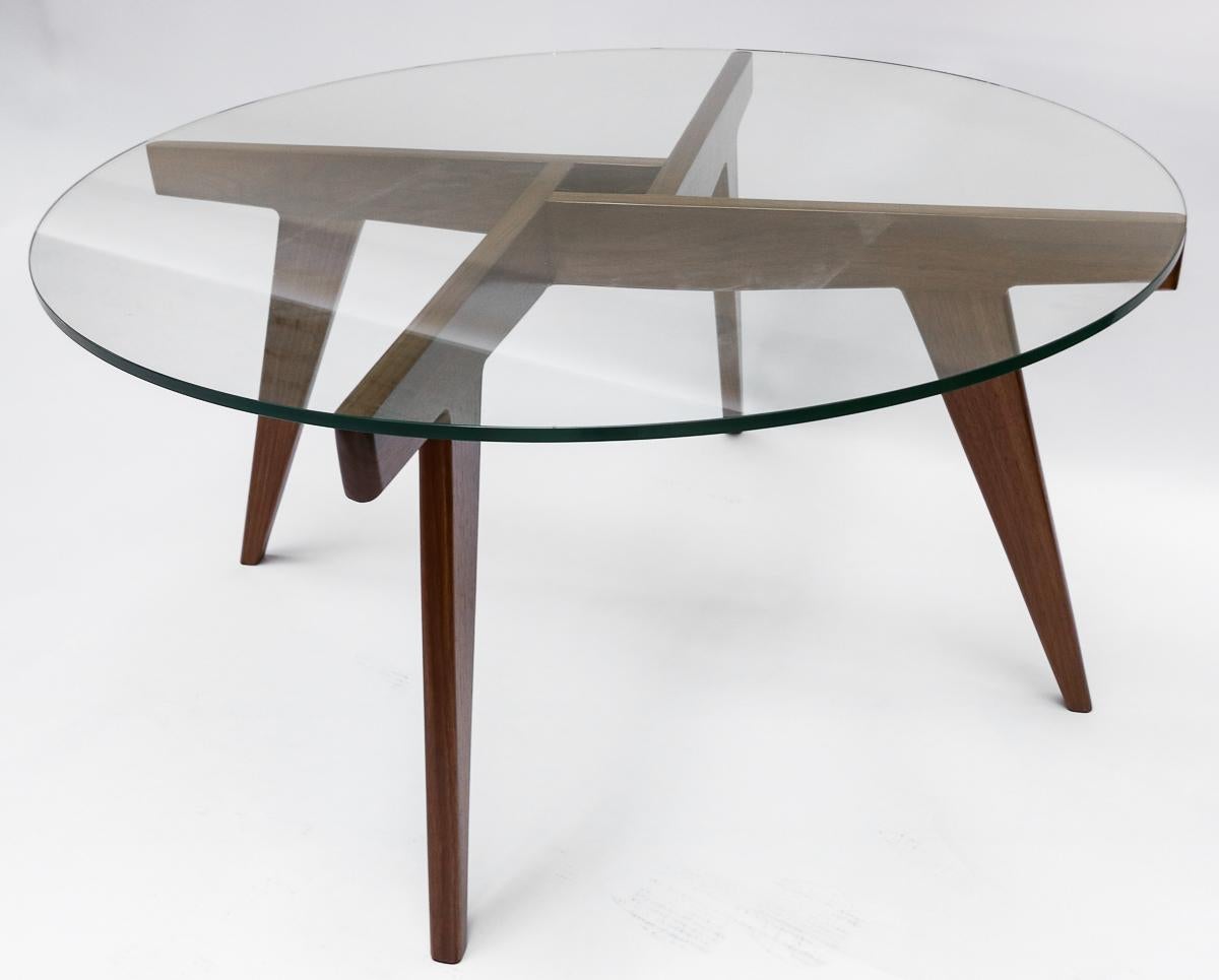 Custom midcentury style coffee table with American walnut geometric base and round glass top. Made in Los Angeles by Adesso Imports. Can be done in different sizes, woods and finishes.