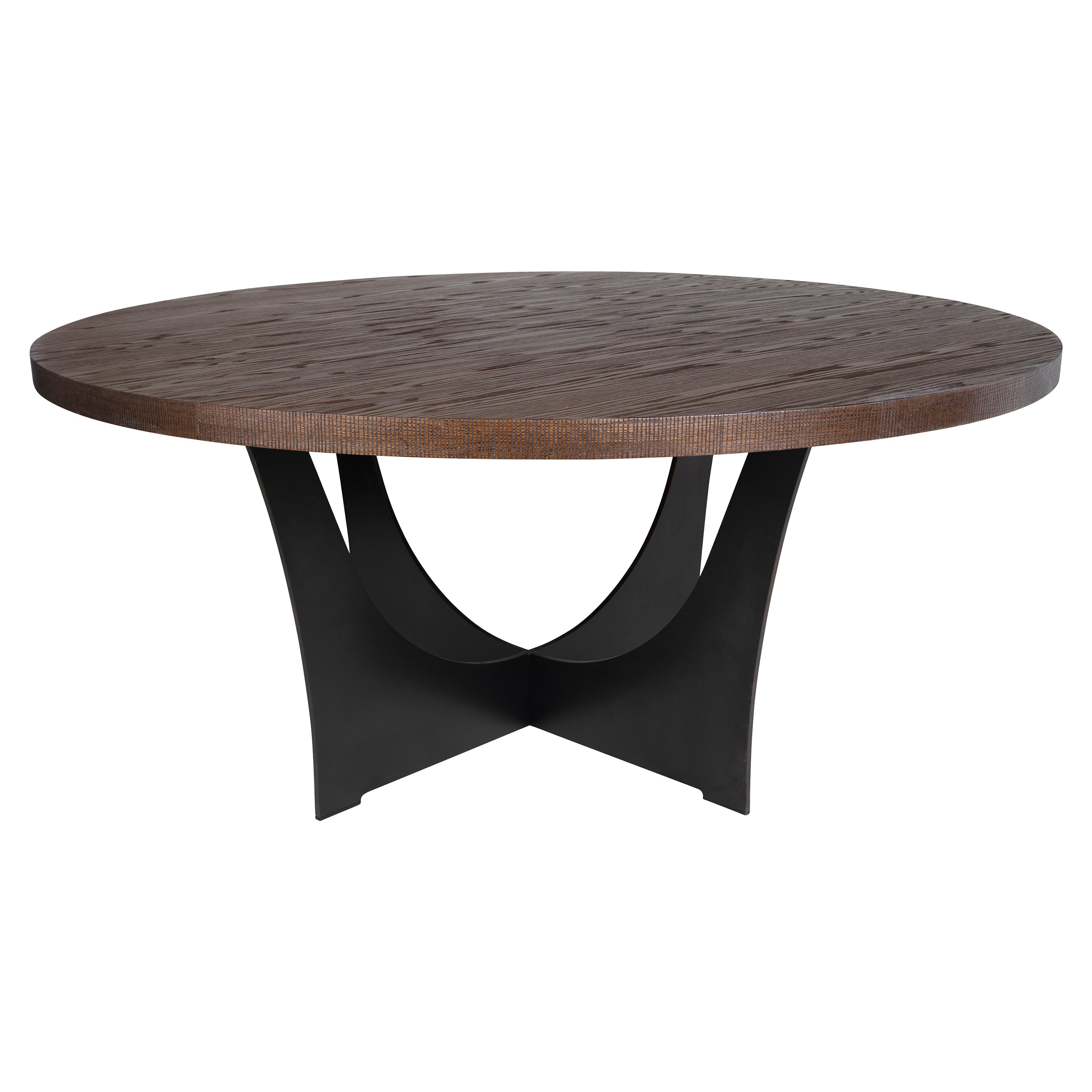 Mesa de comedor personalizada de nogal sobre roble con borde "Dime" envejecido sobre base de acero