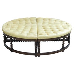 Custom Walnut Ottoman Set in Cream Ostrich Upholstery, Four-Piece Swivel Design