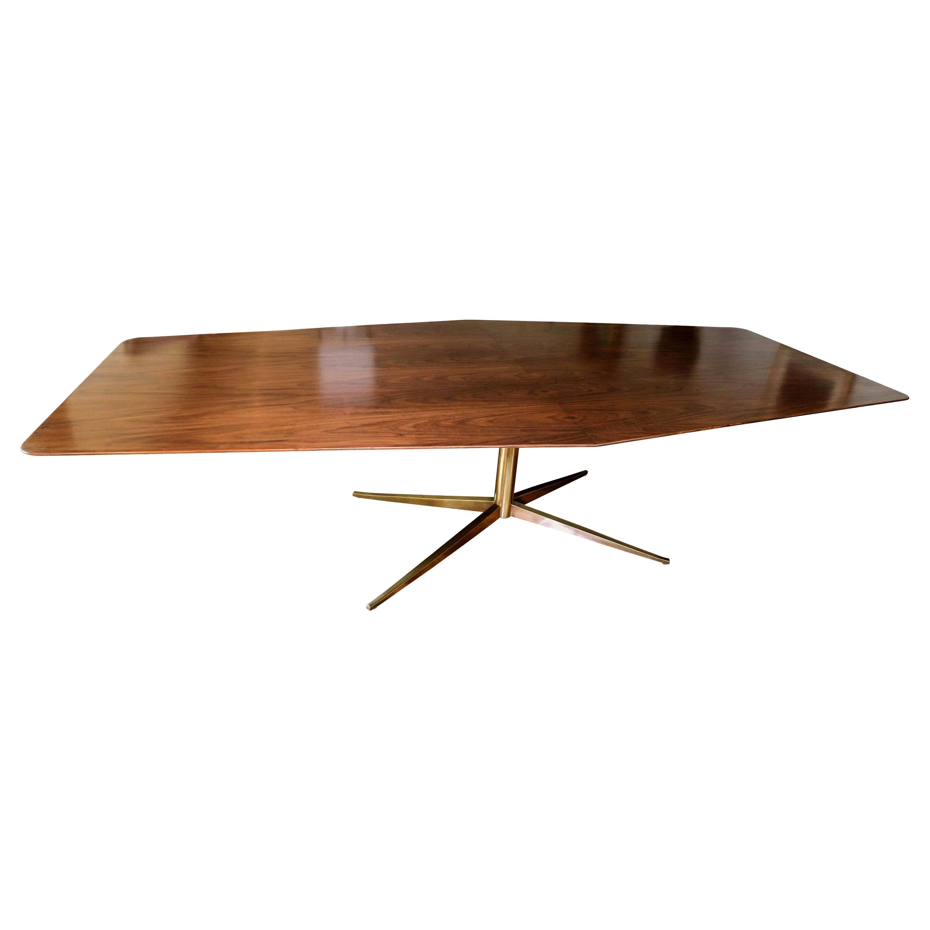 Custom Walnut Rectangular Pedestal Dining Table with Brass Leg by Adesso Imports For Sale