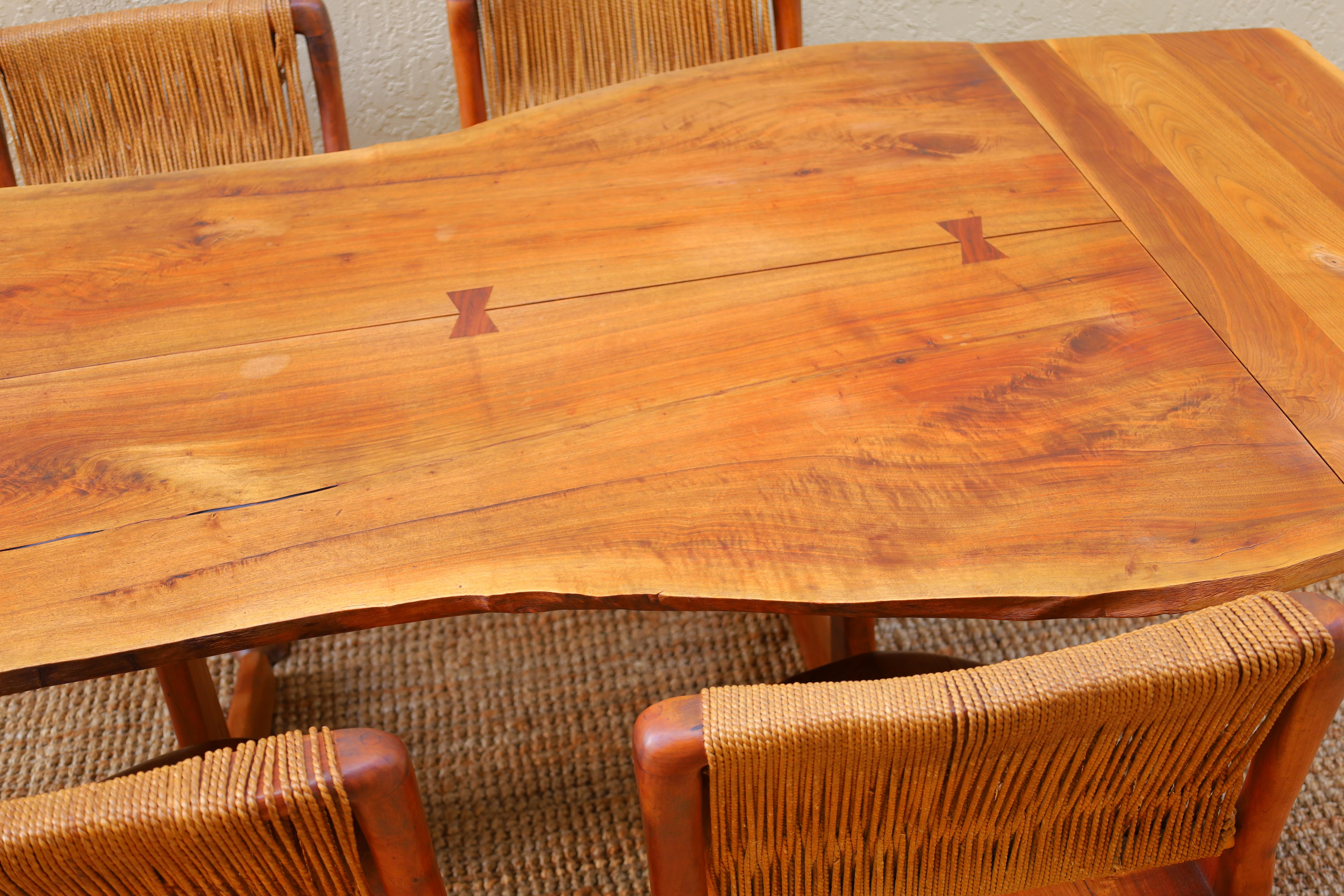 Hand-Carved Custom Walnut Trestle Dining Table & Sculptural Chair Set by Richard Rothbard For Sale