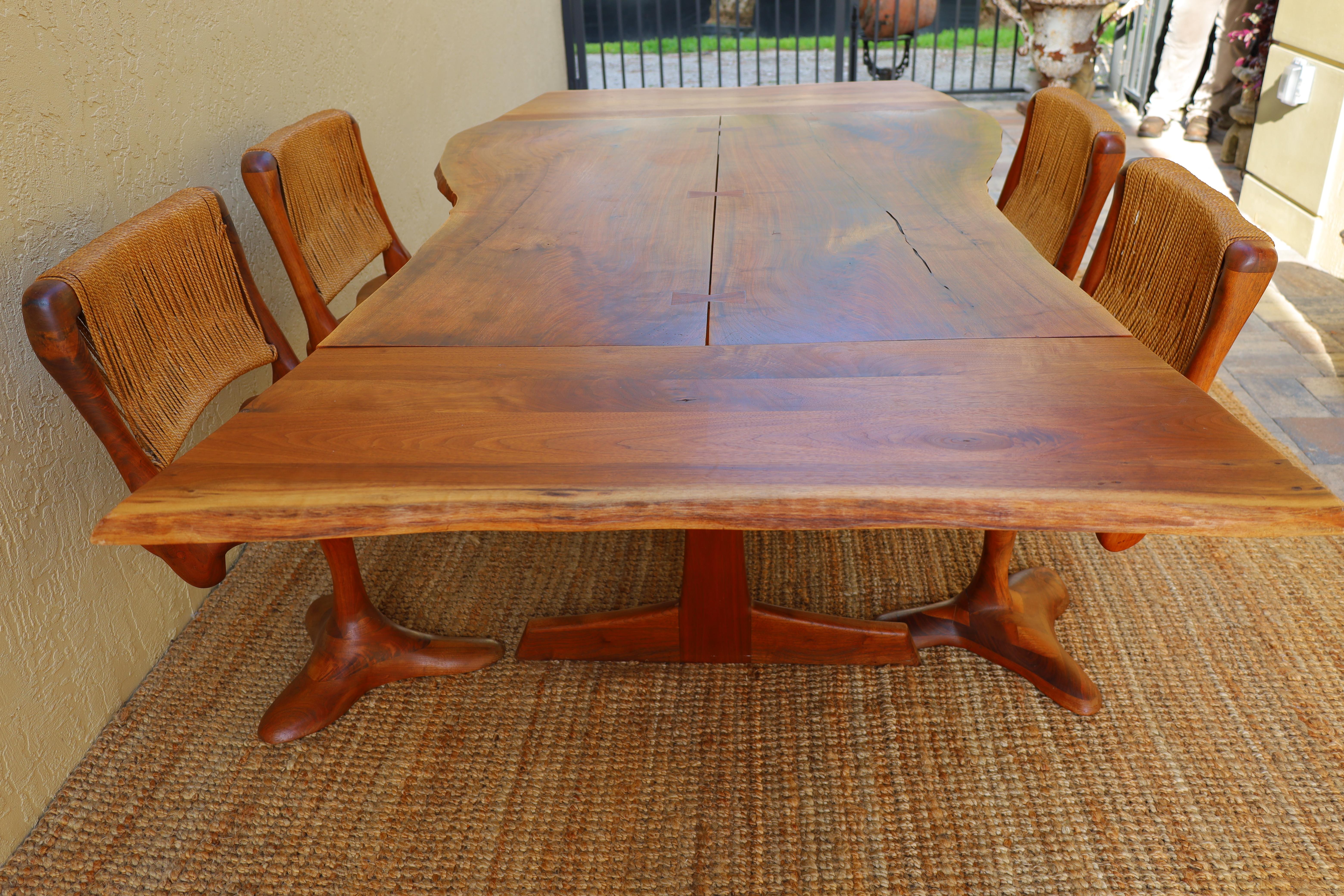 Custom Walnut Trestle Dining Table & Sculptural Chair Set by Richard Rothbard In Good Condition For Sale In West Palm Beach, FL