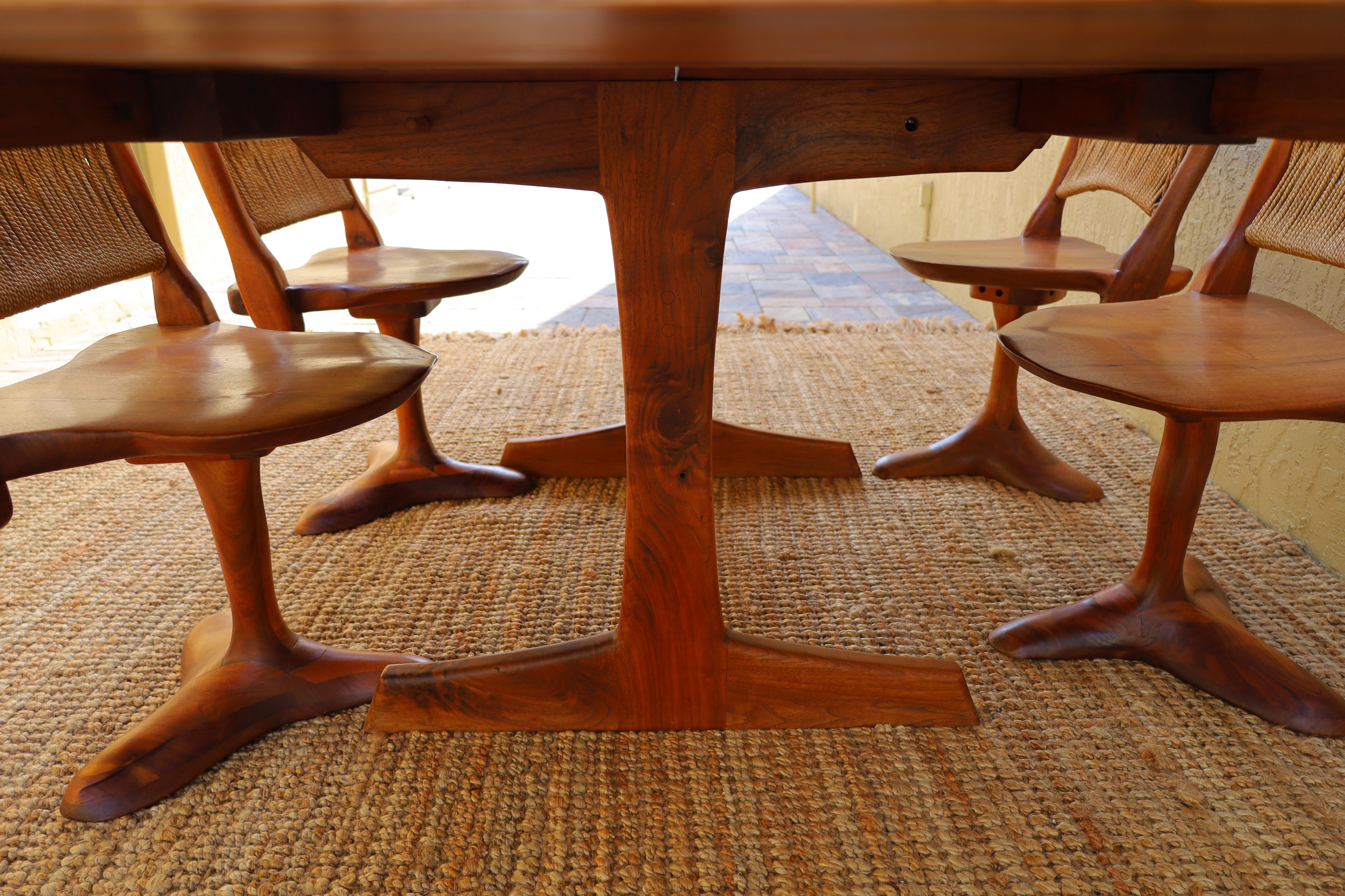Custom Walnut Trestle Dining Table & Sculptural Chair Set by Richard Rothbard For Sale 1
