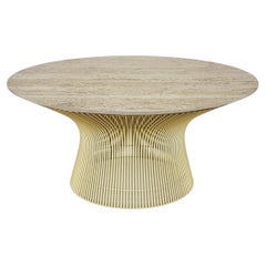 Custom Warren Platner for Knoll Round Travertine Marble Cocktail Table in Beige