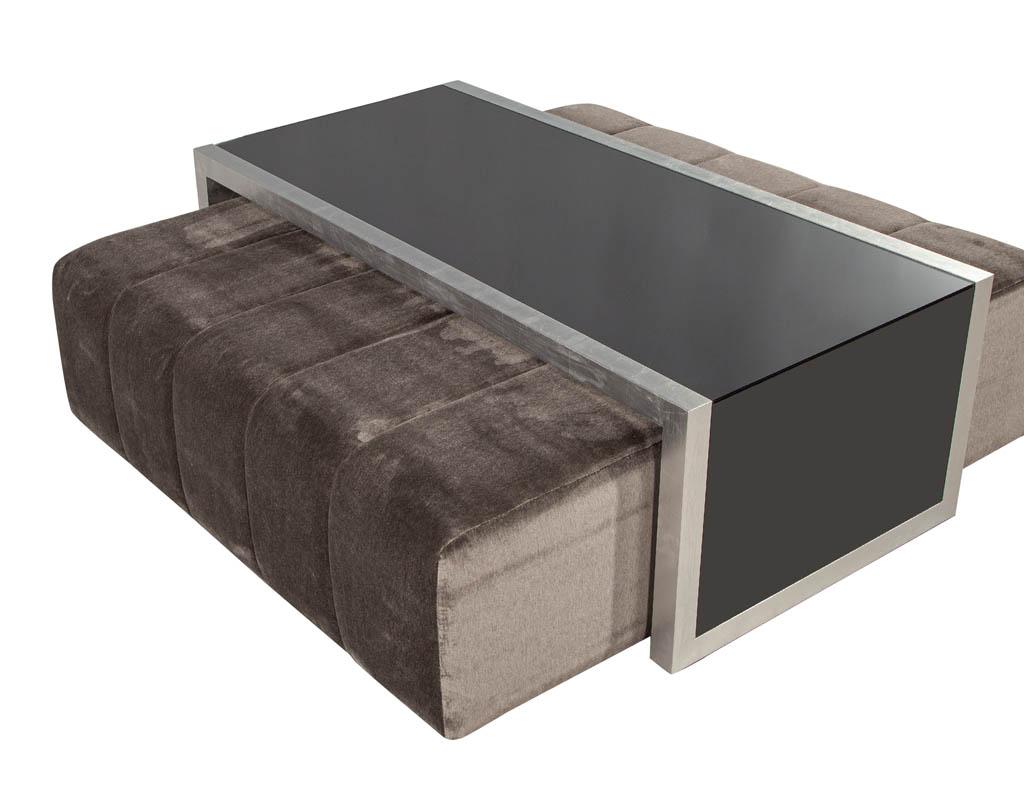 Fabric Custom Waterfall Coffee Table with Pullout Ottomans For Sale